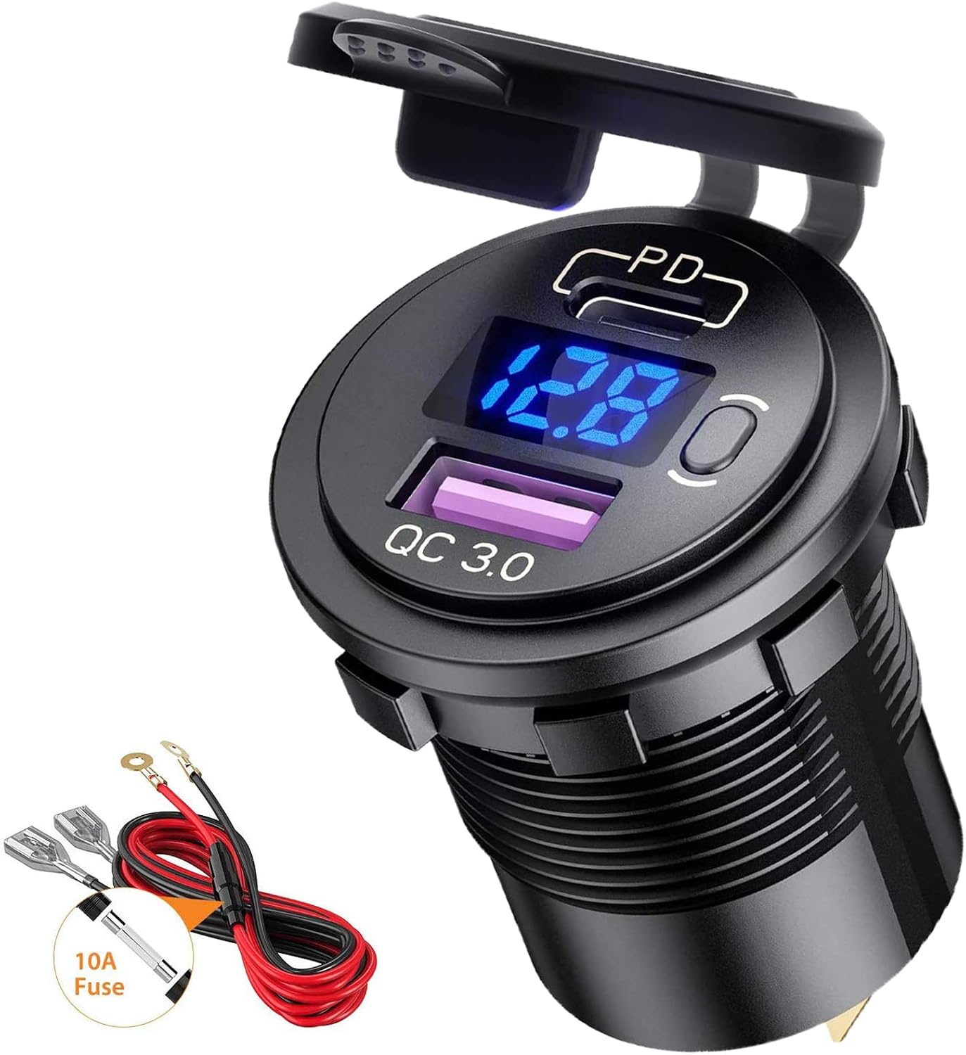 PD Type C USB Car Charger Socket and QC 3.0 Quick Charger Car Power Outlet Socket with ON/Off Switch and LED Voltmeter Waterproof 12V/24V for Motorcycle Marine RV ATV