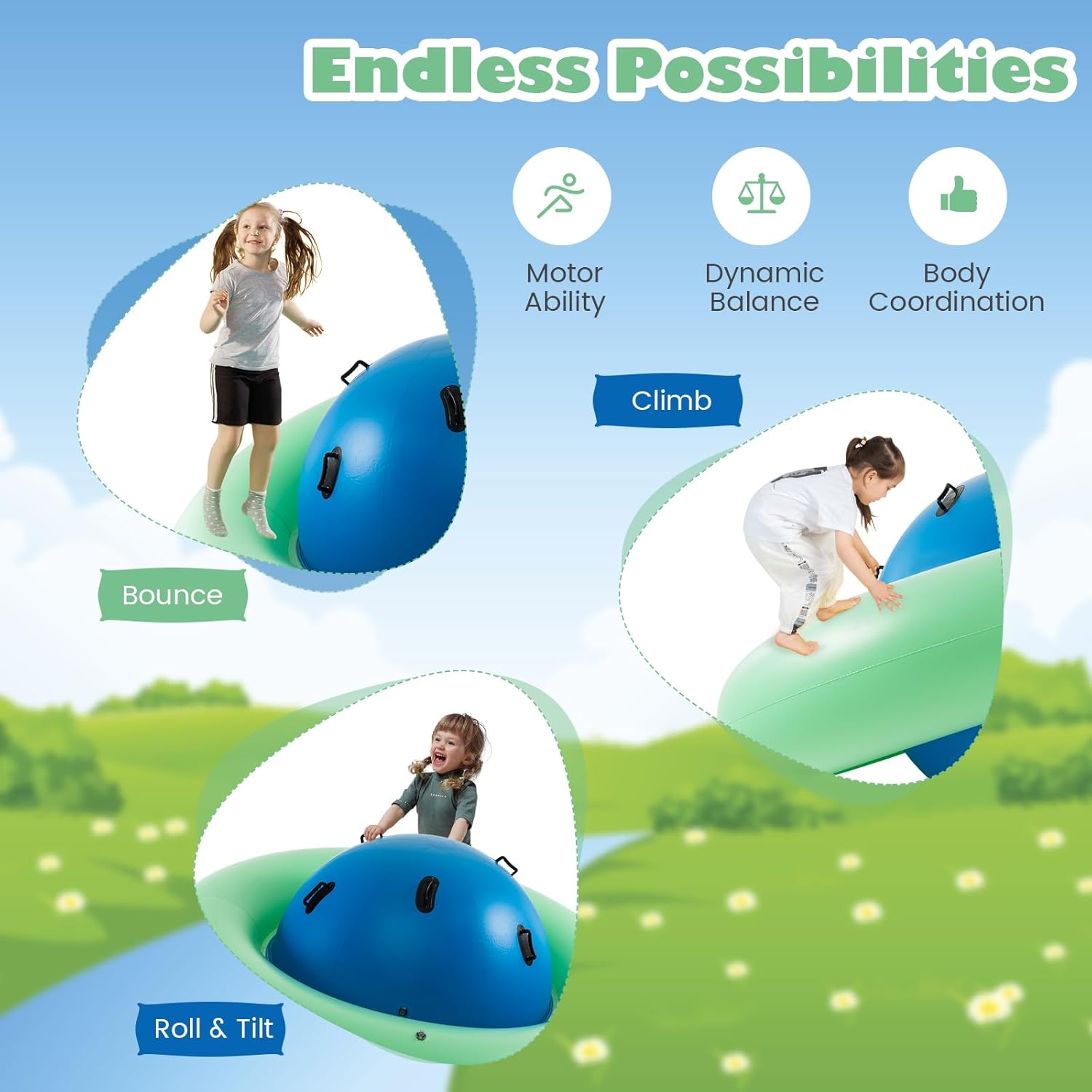 HONEY JOY 8-Foot Inflatable Dome Rocker Bouncer, Giant Roll and Play Seesaw Rocker w/6 Handles, Max Weight 250 Lbs, Blow Up Backyard Toy for Outdoor Game Activities, Gift for Boys Girls Ages 5+(Green) image 5 of 9 B0CFXYT3KJ