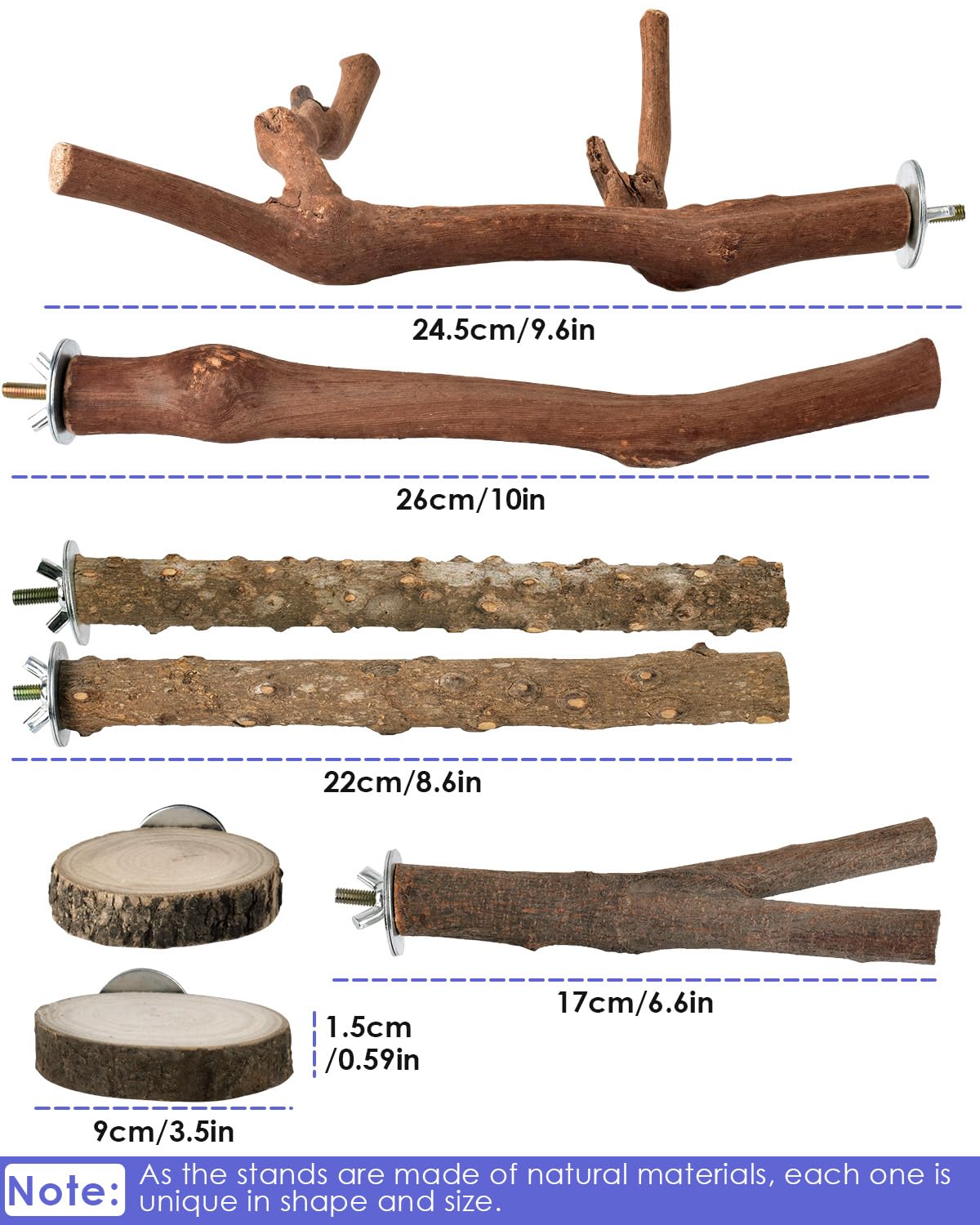Bissap 7 posatoi per uccelli, in legno d'uva naturale, pali in piedi per pappagalli, ramo zampa, forchetta per macinazione, parrocchetti, piattaforme, amaca, per conuri, parrocchetti, fringuelli,