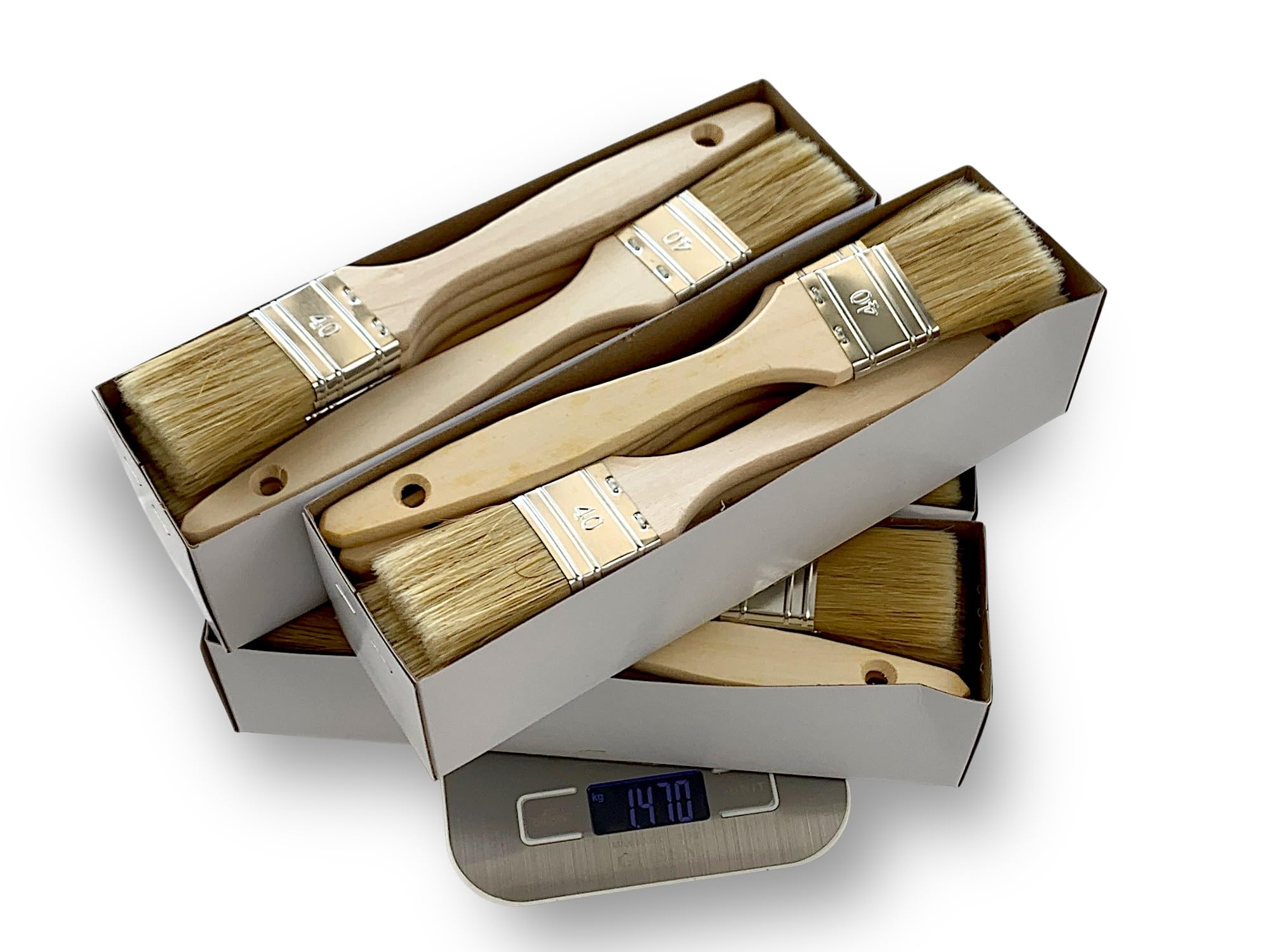 Lote de 50 pinceles de cola de bacalao 40 mm | seda blanca natural | mango madera en bruto | pinceles planos multisoporte, pintura en aceite, acrílico, barnizado, barnizado, pegamento | Kibros 320