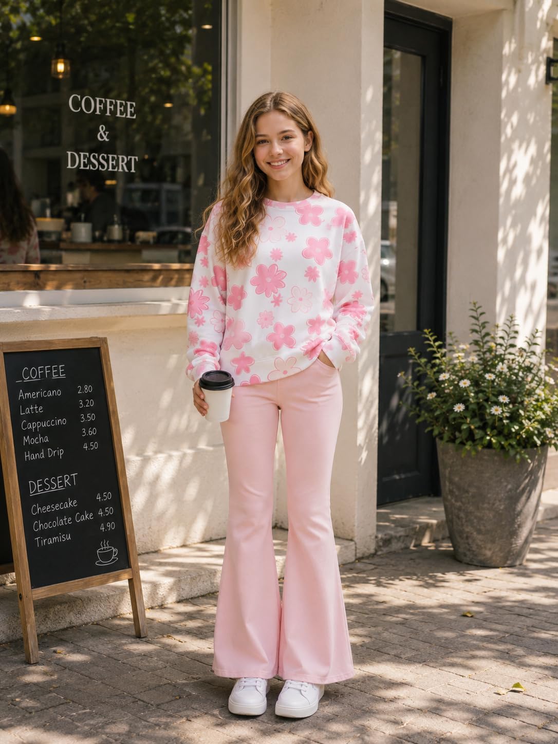 Size 6-14 Years Teen Girls Clothes Long Sleeve Floral Sweatshirt+ Flare Pants Set Girls 2 Piece Outfits