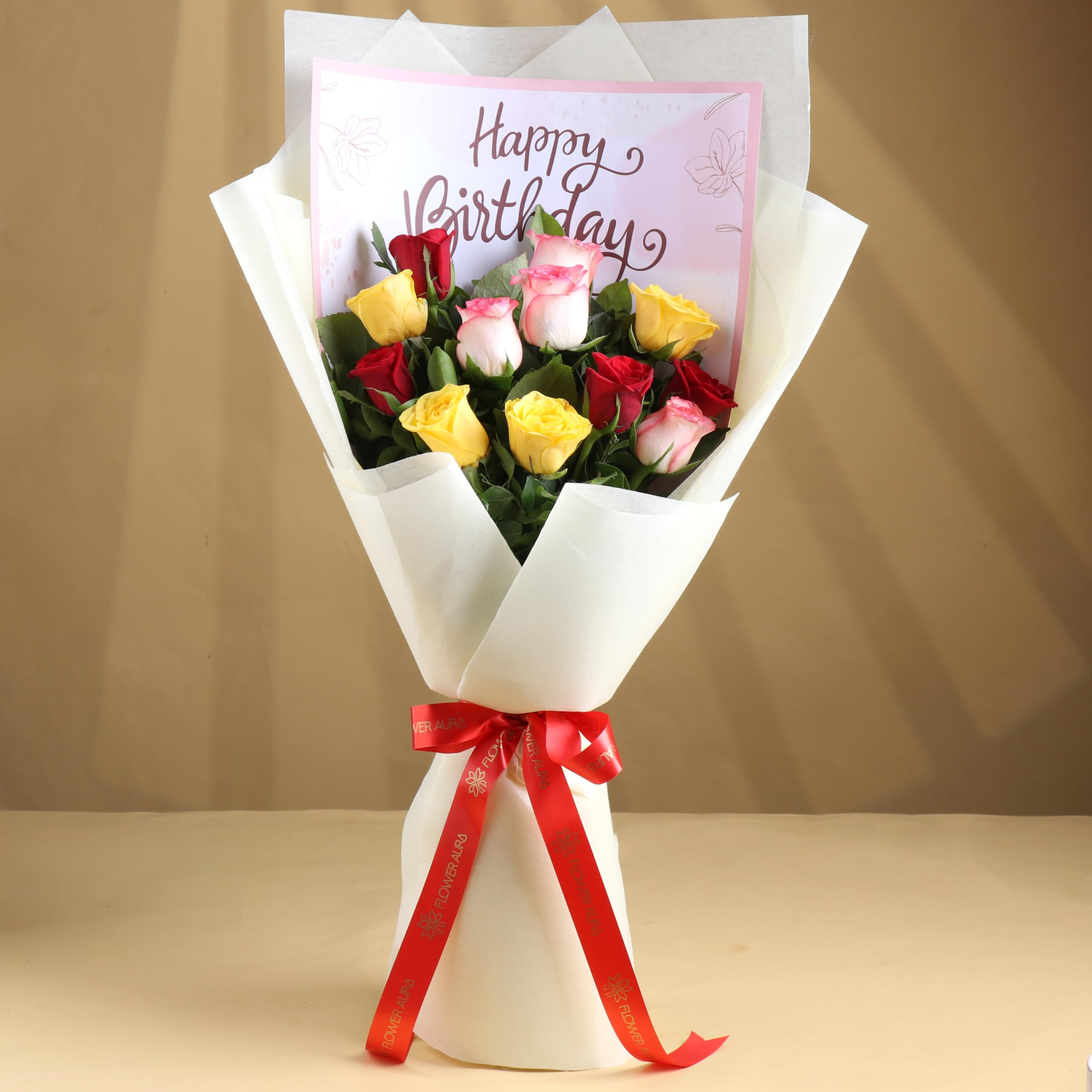 FlowerAura Premium Fresh Live Flower Bouquet of 12 Mix Roses In Happy Birthday Packing Non Wooven Paper Birthday Gift For Girlfriend, Boyfriend, Husband, Wife, Parents & Friends (Same Day Delivery)-image-8