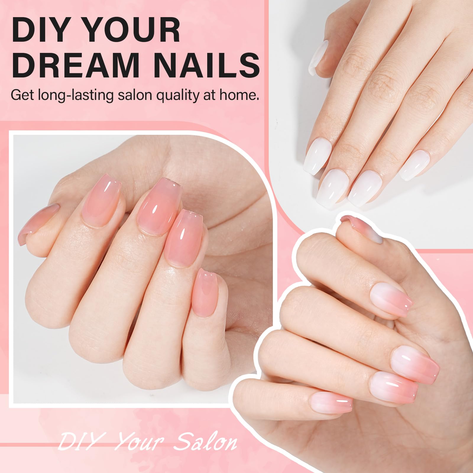 AILLSA Kit de uñas de gel de punta corta 240 piezas con base de pegamento 2 en 1 y secador de uñas, kit de uñas postizas con top coat UV para principiantes.