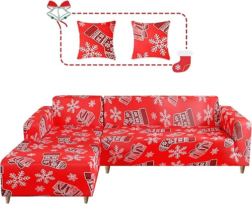 Miaotto Fundas de sofá seccional de Navidad, 2 piezas en forma de L, con estampado de Navidad, funda elástica para sofá con 2 fundas de almohada,