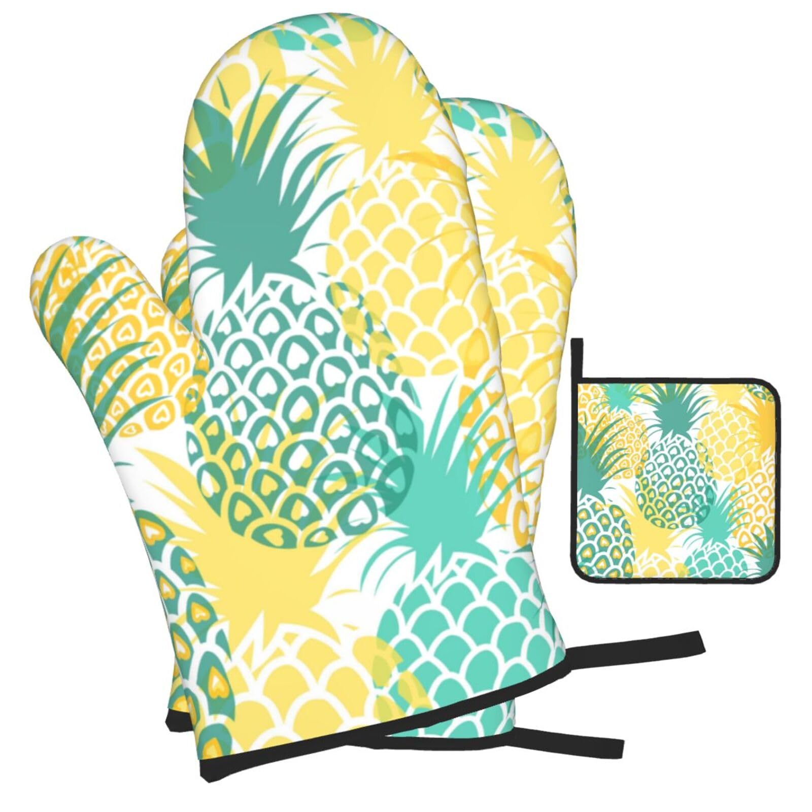 Tropical Pineapple Printed Oven Mitts and Pot Holders Heat Resistant Set of 3 Pcs, Modern Kitchen Gloves & Potholders for Cooking Baking Grilling