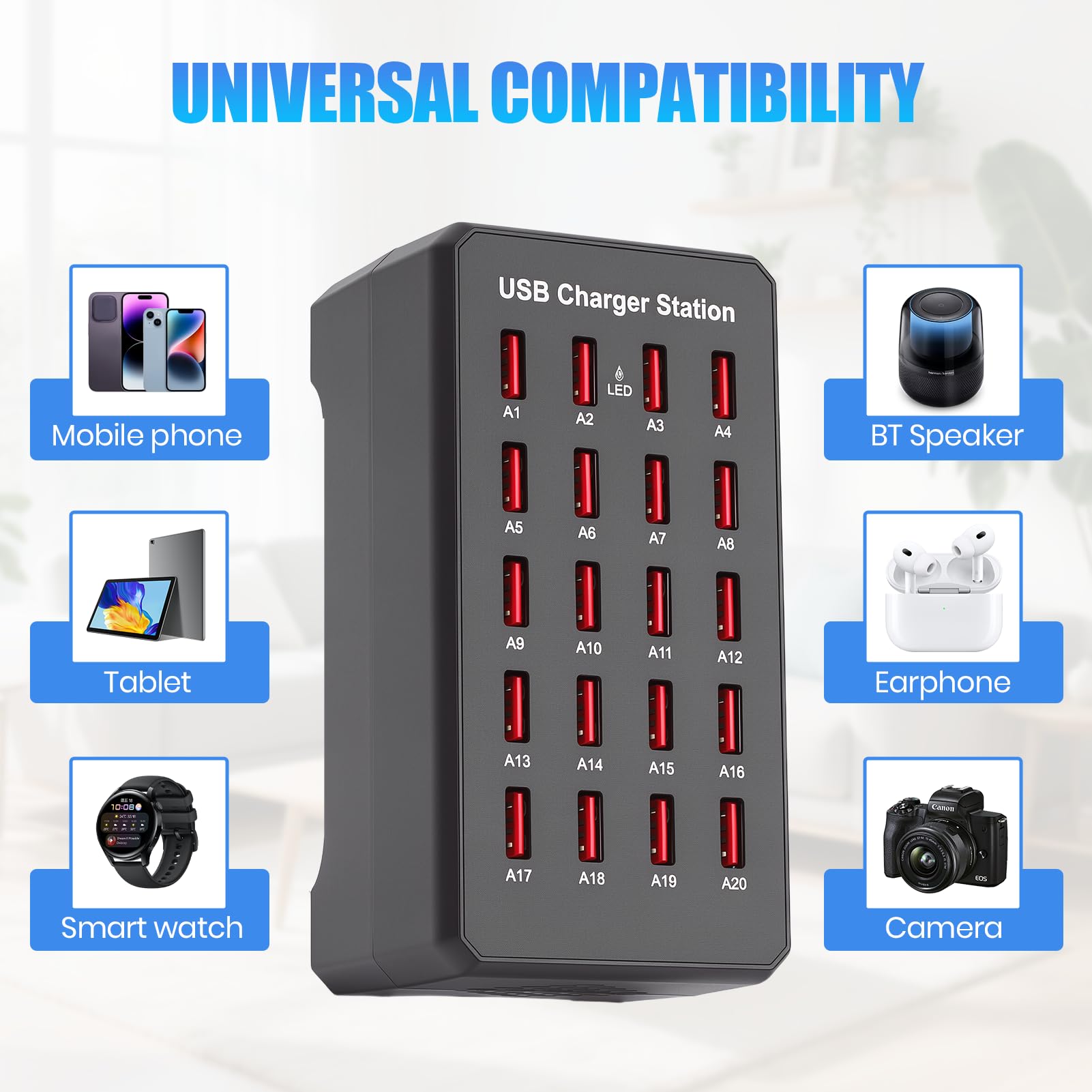 Stazione di Ricarica USB a 20 Porte, 100W Caricatore USB multiplo per Casa | Per Hotel Ufficio Viaggi Trasmissioni In Diretta, alimentatore USB da Tavolo per Telefono Tablet Cuffie Orologi