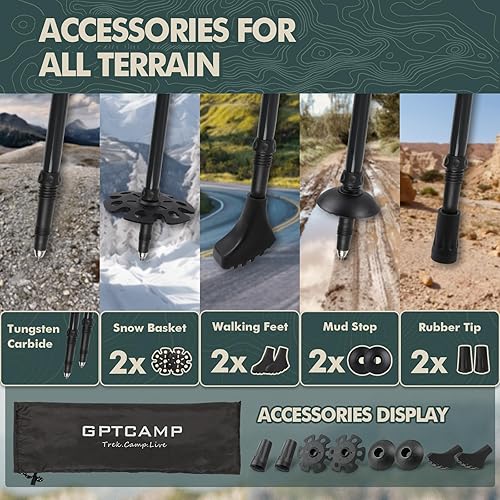 Miniatura 6 de GPTCAMP Bastones de senderismo plegables, bastones de senderismo ligeros hechos de carbono, aluminio, 2 palos plegables para hombres y mujeres, con