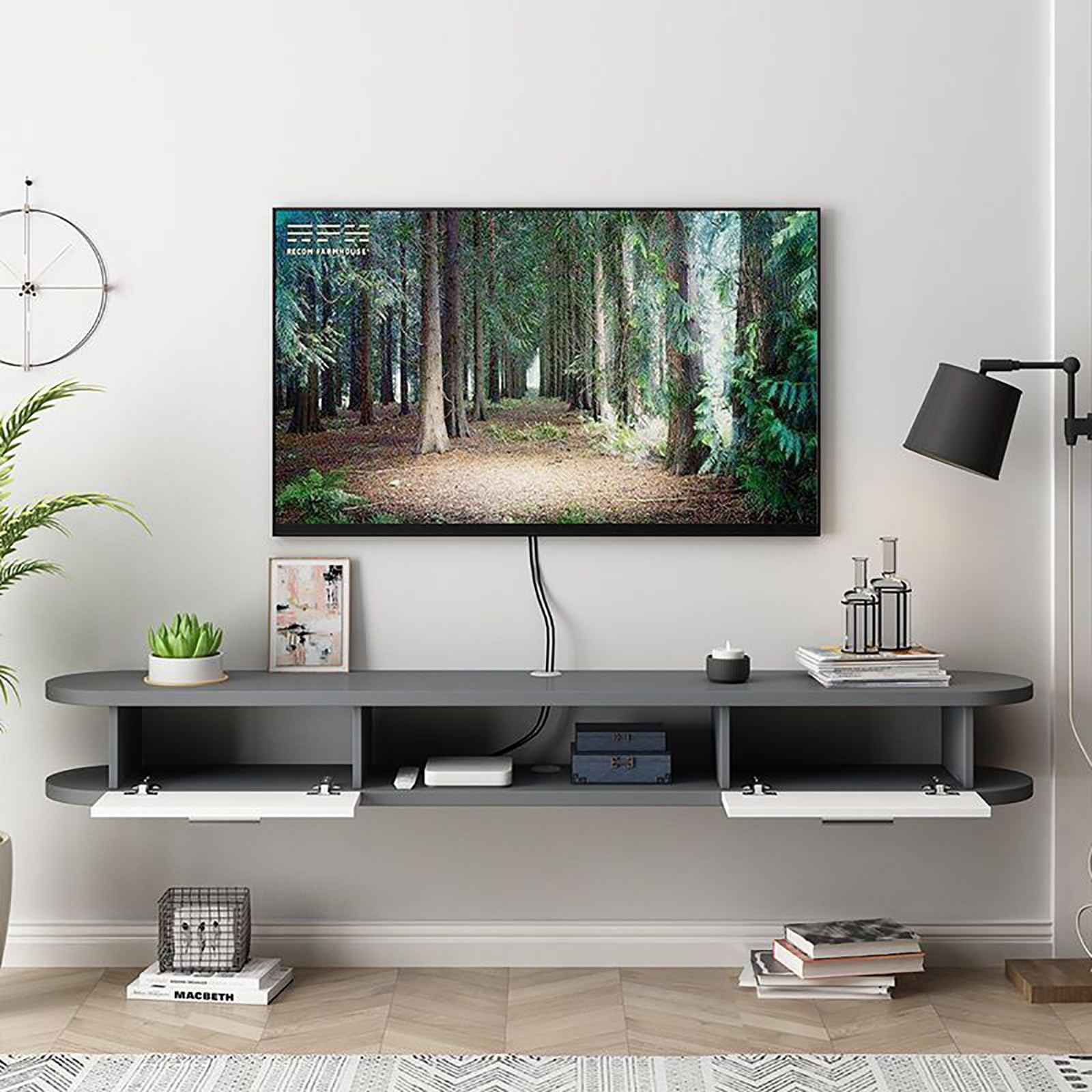 Schwimmende TV-Konsole, Wandhalterung, Unterhaltungszentrum mit Aufbewahrungsregal, Schrank für moderne Wohnzimmerdekoration (Weiß/Schwarz, 160 x 22 x 20 cm)