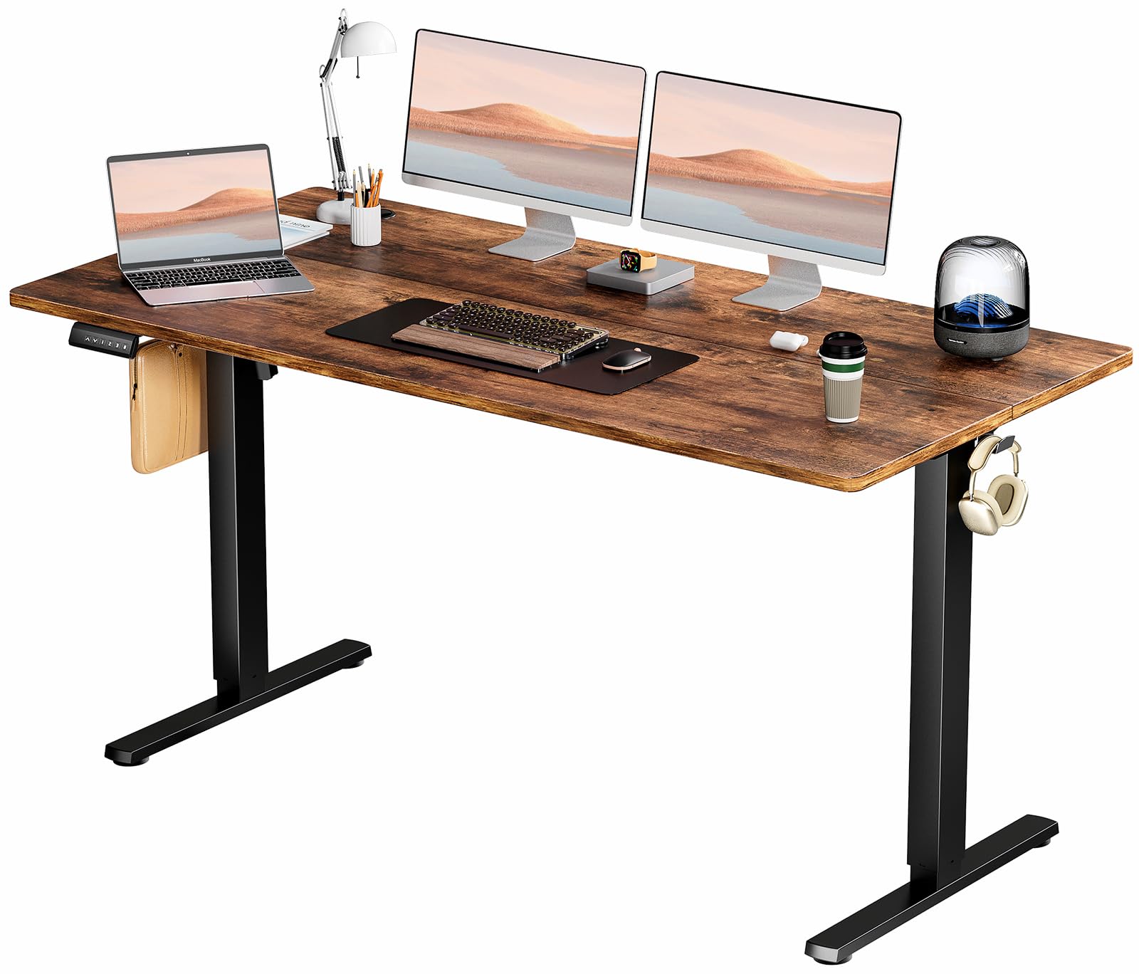 SMUG Electric Standing Desk, 63 x 24 Inch, Modern Style, Adjustable Height, 154 lbs Capacity, with Memory Presets, for Home Office, Rustic Brown