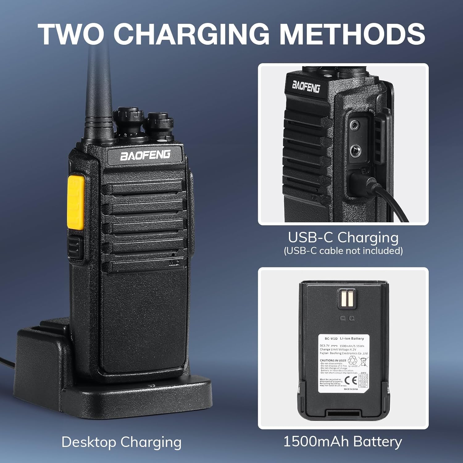 BAOFENG V1D walkie talkie showing desktop charging and a 1500mAh battery with USB-C port detail