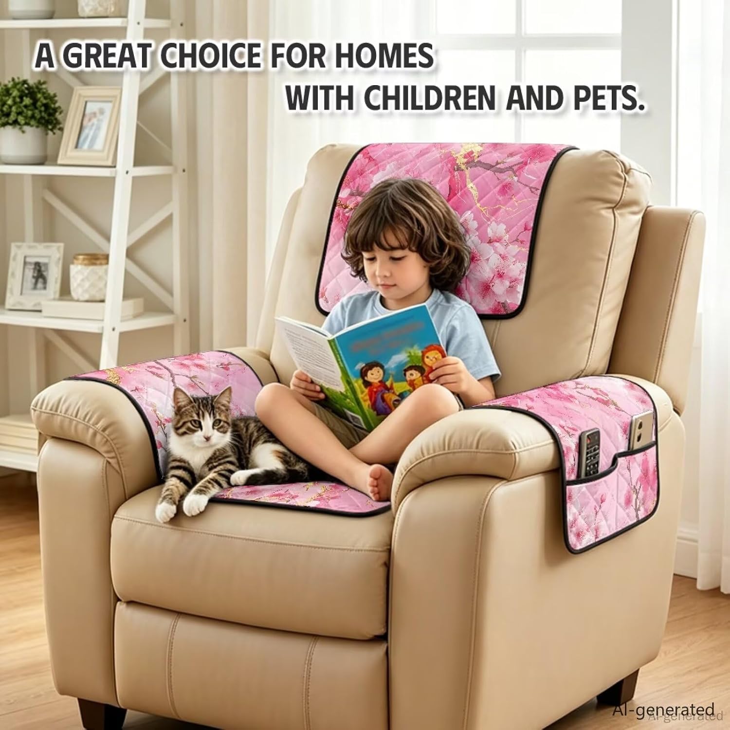 Cherry Blossom Pink Golden Marble Pattern Recliner Cover Set, 4 Pieces Non Slip Washable Dog Chair Cover Armrest Cover Pads with Storage Pocket Recliner Cushion Slipcovers for Pets Dogs