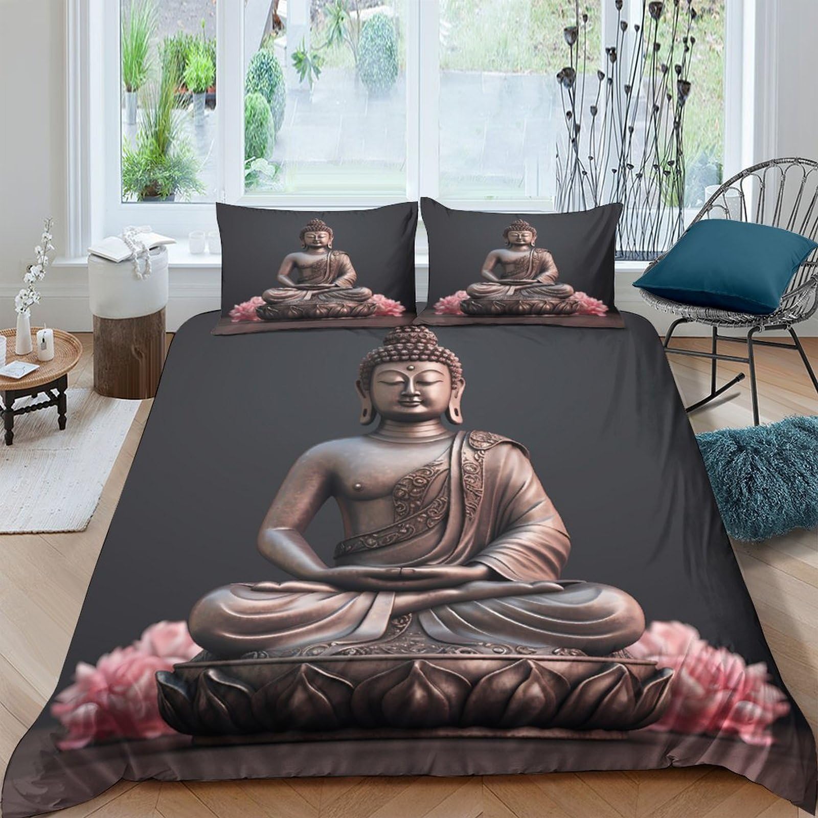 Ctjqhvkz Style-4 3D Printed Buddha Statue Fitted Sheet Microfiber Grey Pink Lotus Bed Cover Anti-Slip Bedroom Dorm Decor Mattress Protector Single（135X200cm）