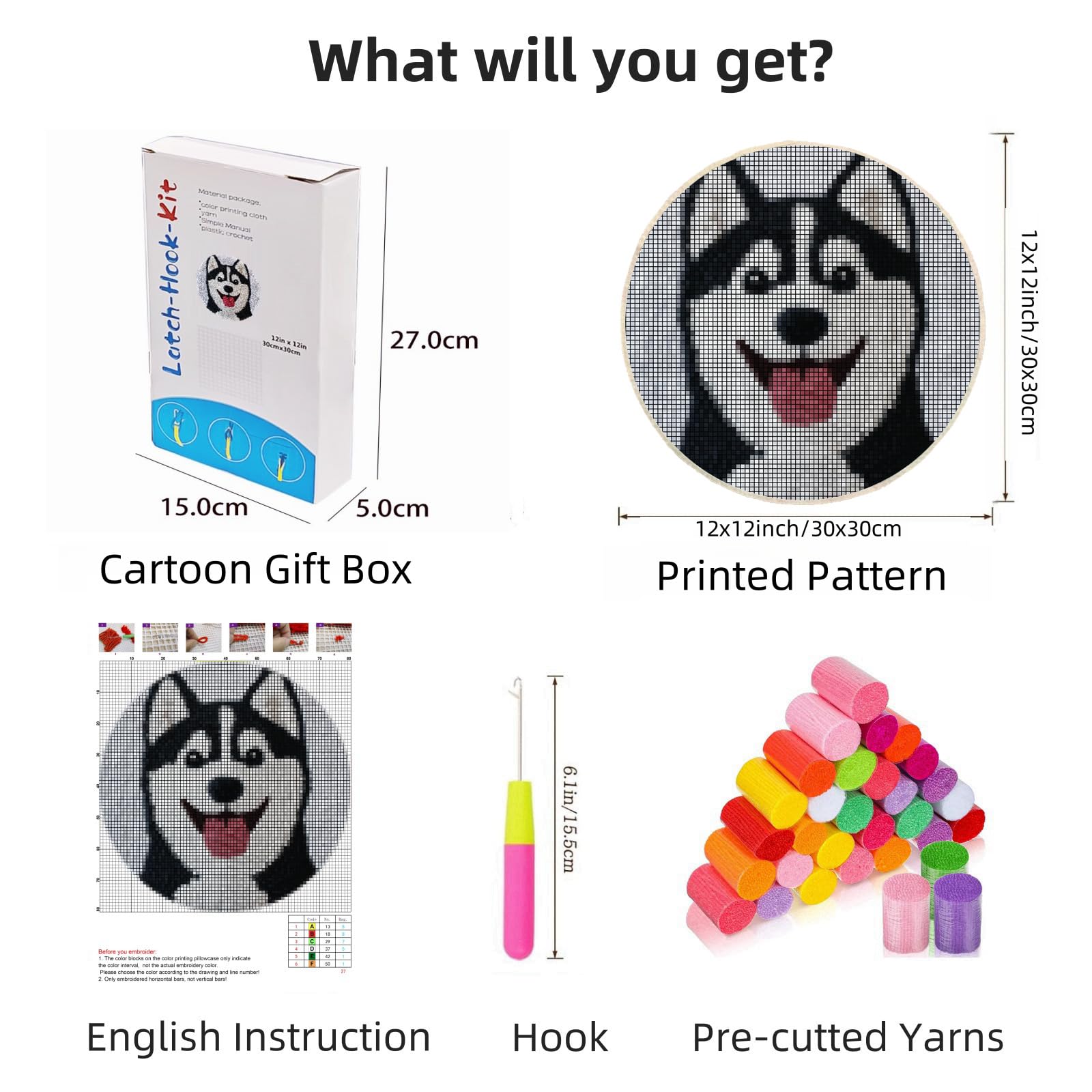 Latch Hook Rug Kit Husky Dog Easy for Beginners Round Shape Carpet Crochet Yarn Craft Mini Rug DIY Hook and Latch Little Tapestry for Home Decor 30x30cm(24)