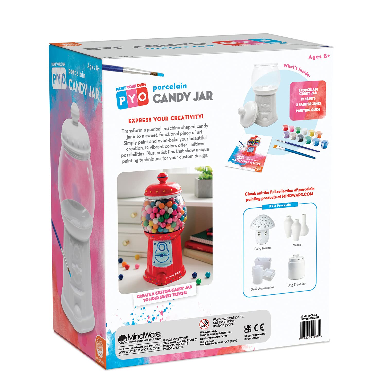 MindWare Paint Your Own Gumball and Candy Jar Kit para niños, incluye 12 pinturas y 2 pinceles, para mayores de 8 años