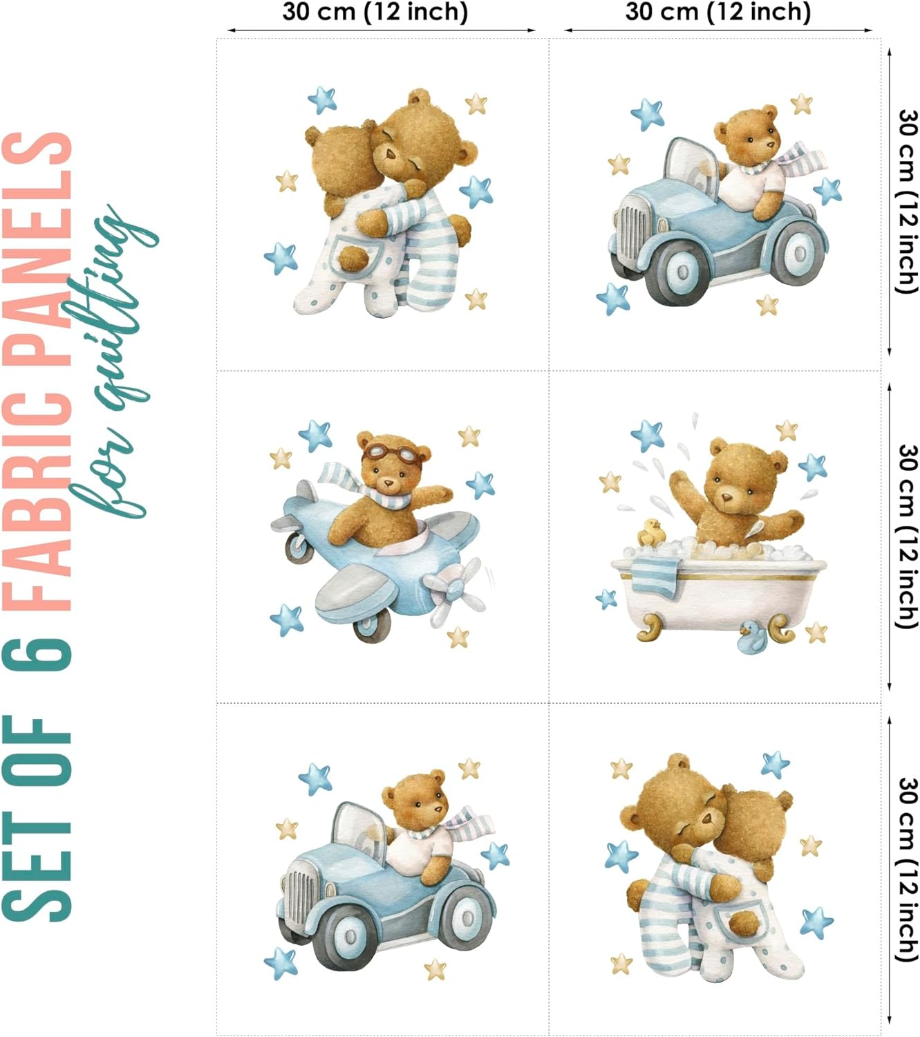 UNIQUE Baby Bear Fabric Panel Set (6 Panels, 12x12in Each), Quilting Panels, Blue Cotton Sateen, Print