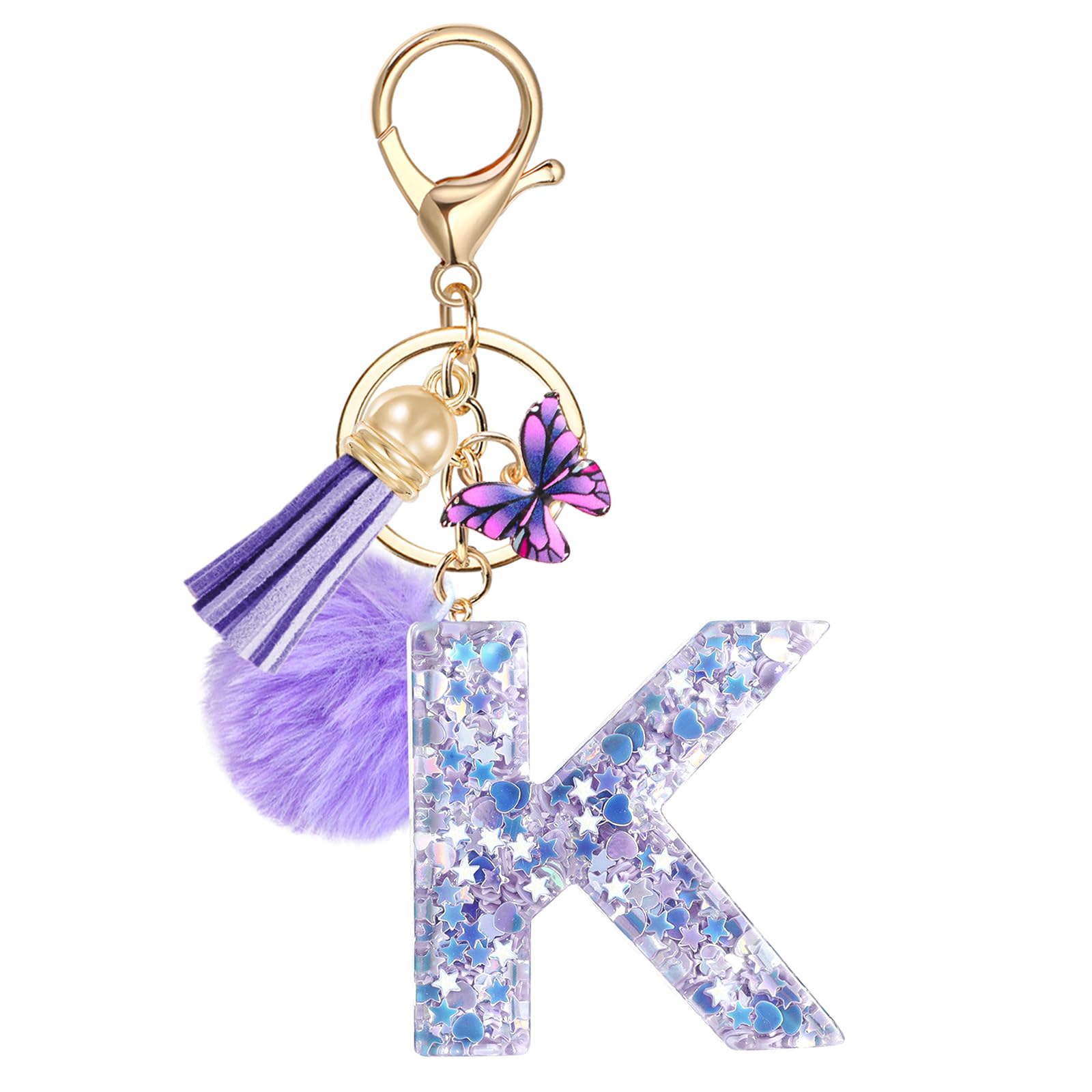 Initial Keychain, Letter Keychain for Girls, Initial Bag Charm Pendants, Purple Butterfly Alphabet Keyrings Poms
