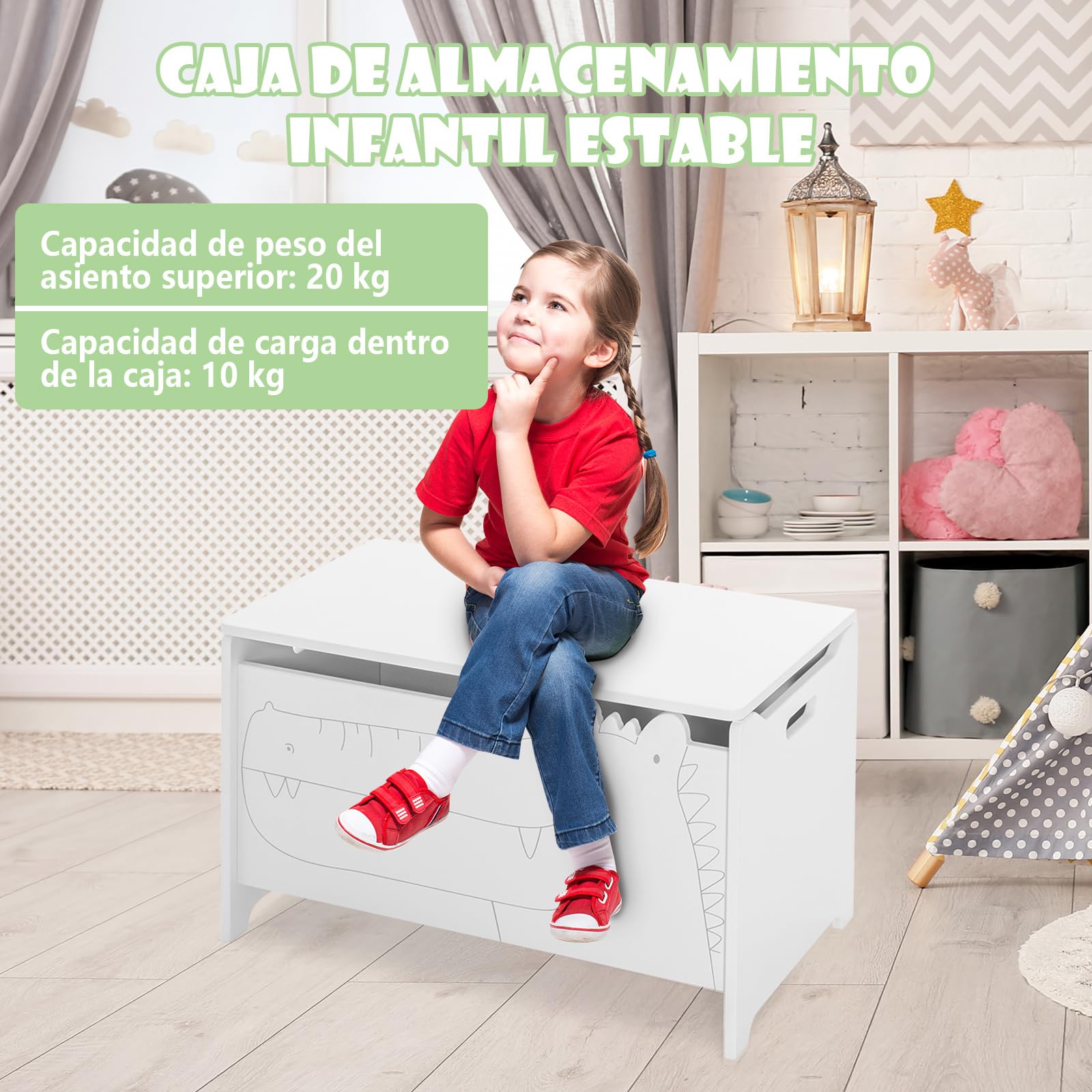 COSTWAY Caja de Almacenamiento de Juguetes de Madera, Cajón Infantil con Bisagra de Seguridad, Caja Infantil con Asas, Organizador de Niños para Dormitorio, Salón y Recibidor 33x60x37,5cm (Blanco)