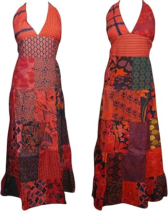 2pc Women's Maxi Long Dress Patchwork Printed Gypsy Hippie Dresses XS Red