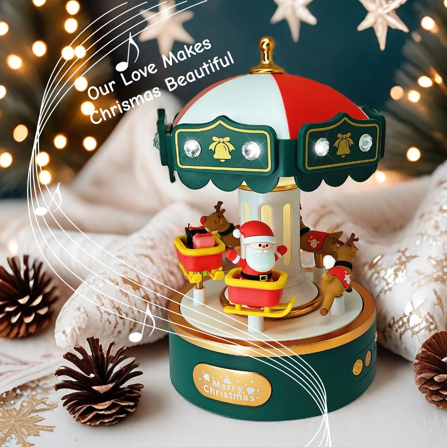 Carrusel de caja de música eléctrica con gemas brillantes, decoración encantadora y regalo sincero para cumpleaños, aniversario, Navidad, día de San Valentín y día de la madre (verde
