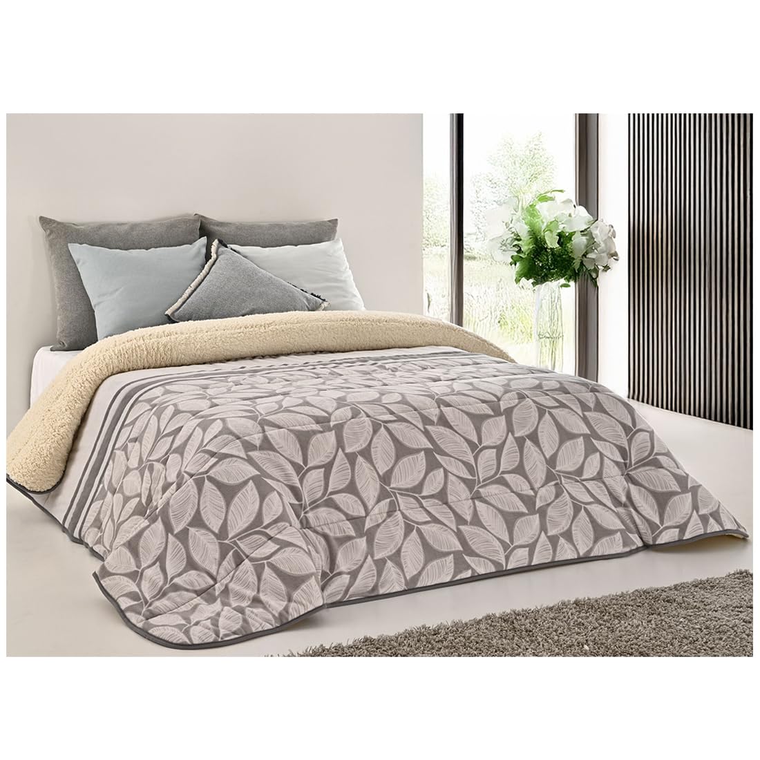 Acomoda Textil – Edredón Nórdico de Sedalina con Borreguito. Edredón Sherpa Estampado para Cama de 135 y 150, Manta Cama Matrimonio y Sofá de Invierno, Cálida y Suave. (Hojas, 240x250 cm)