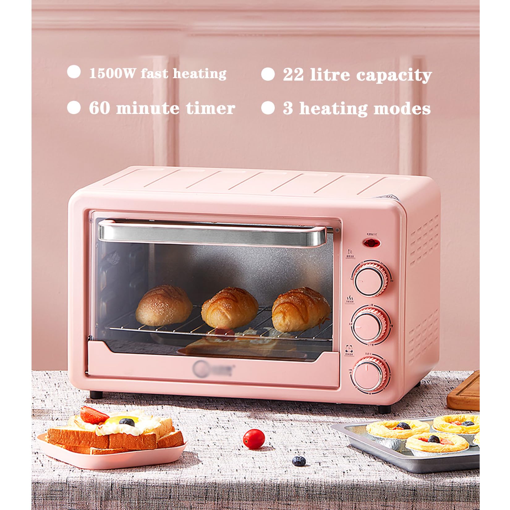 Fornetto Elettrico 22L,regolazione meccanica della manopola,controllo preciso della temperatura da 100℃ a 250℃,timer da 60 minuti,1500w,vassoio da forno incluso,rastrelliera,guanti speciali