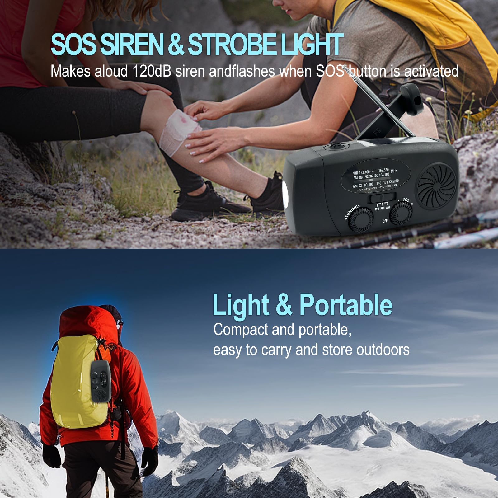 Radio d'urgence à manivelle avec lampe de poche LED pour urgence, AM/FM NOAA Radio météo portable avec chargeur de téléphone portable 2000 mAh, charge USB et alimentation solaire pour camping, urgence