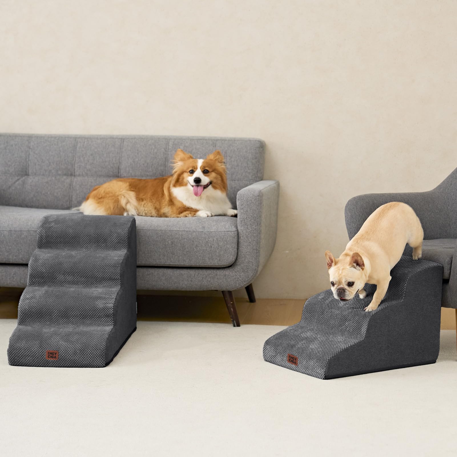 EHEYCIGA Curved Dog Stairs Ramp for Small Dogs 15.7" H, 3-Step Dog Steps for Couch Sofa and Chair, Pet Stairs for Cats, Non-Slip Balanced Pet Steps Indoor, Grey