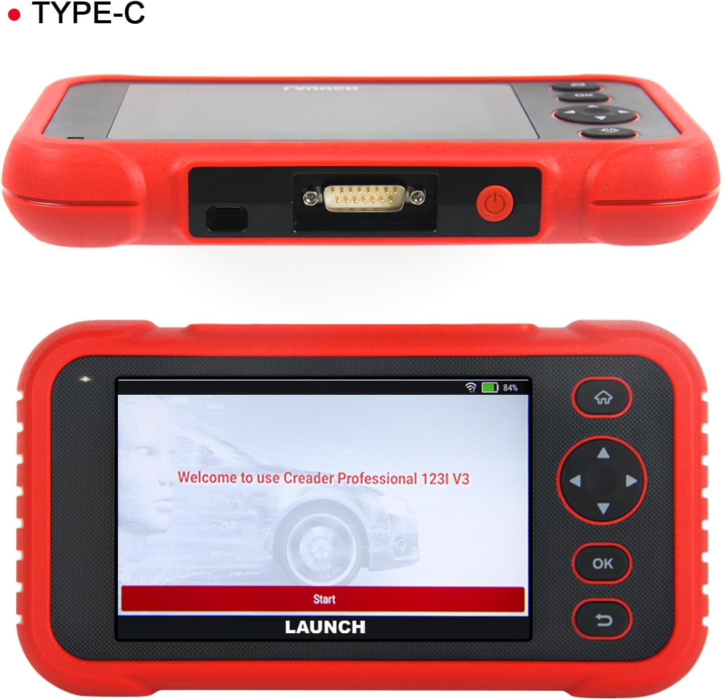 Gornji i prednji dio view of the LAUNCH CRP123I V3.0 scanner, showing the OBDII connector and screen