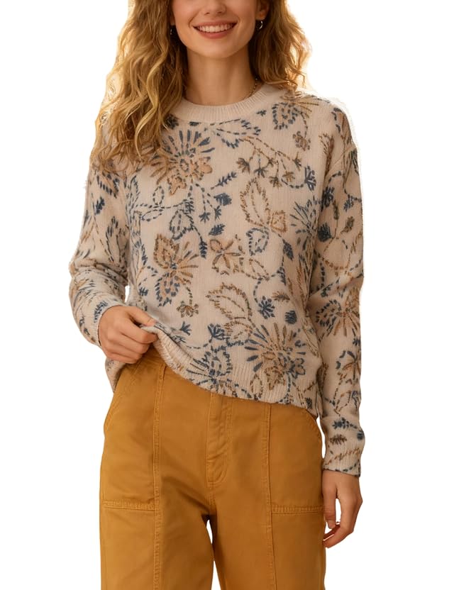 Womens Floral Print Pullover Sweater Crew Neck Long Sleeve Soft Knit Jumper Top for Fall Casual Wear