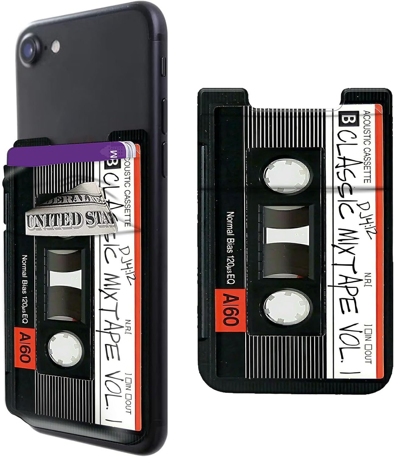 Rossy Cell Phone Wallet Adhesive Card Holder Stick on Wallet Pocket Lycra Credit Card ID Case With Retro Audio Cassette Stylish Pattern for Back of Phone for All Smartphones
