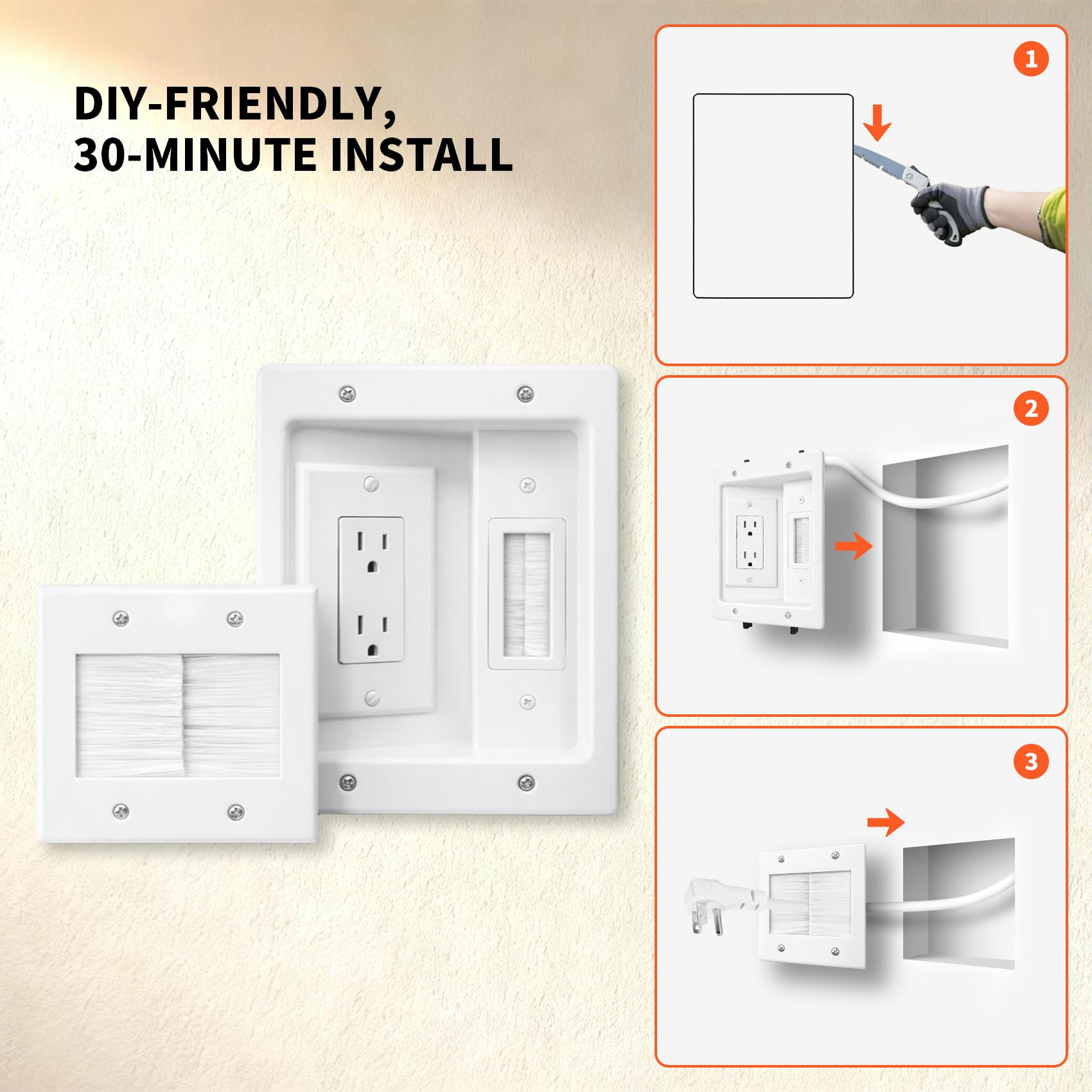 Kit de cache-câbles mural pour TV avec prise de courant encastrée, cordon de 2,7 m avec outil de coupe, pour gestion des câbles home cinéma, solution de câble murale dissimulée