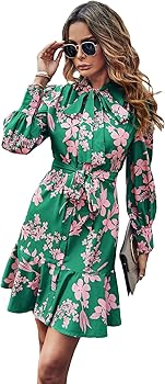 MakeMeChic Women's Floral Long Sleeve Tie Neck Button Front Ruffle Hem Short Dress with Belt