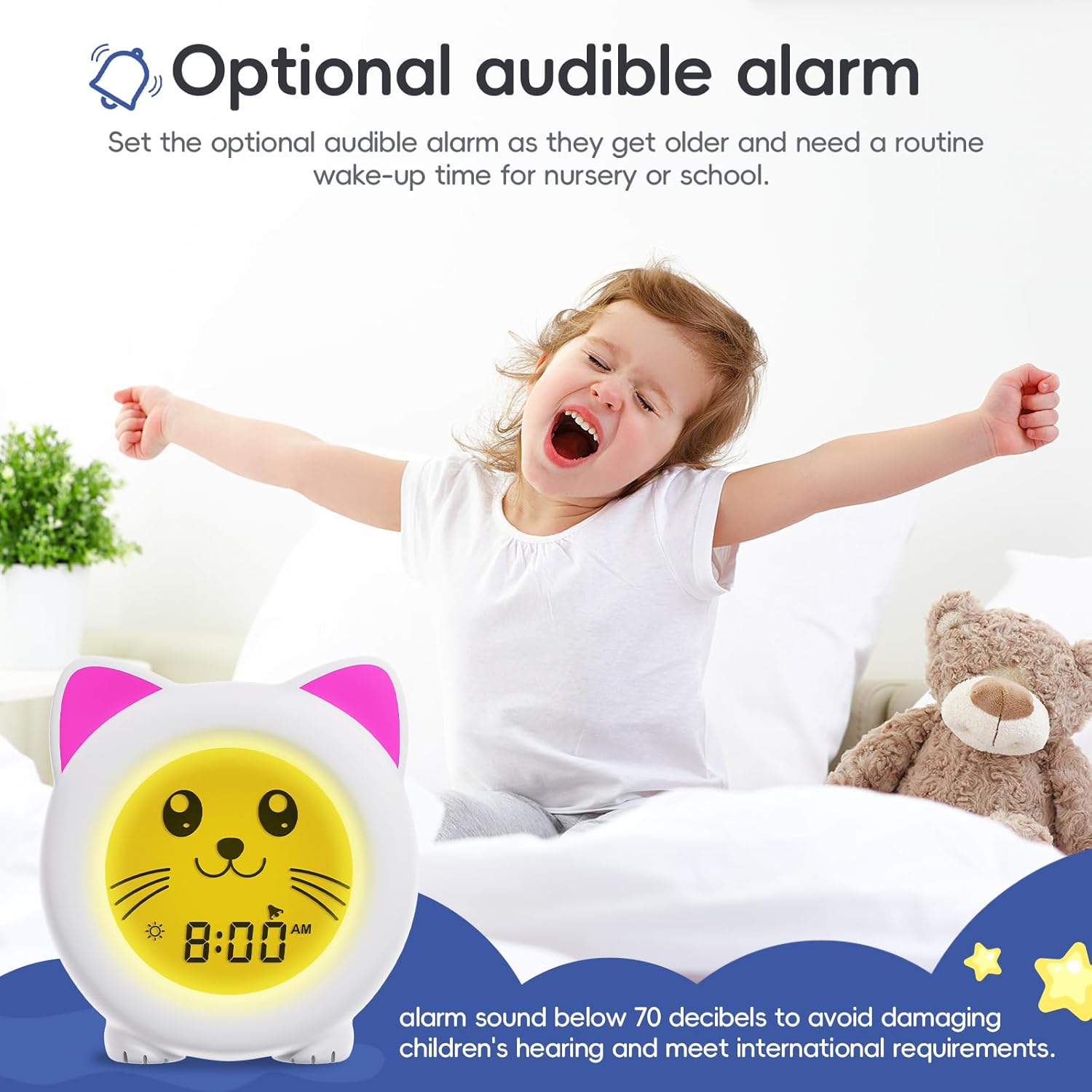 B&H Sleep Trainer Clock for Toddler - Rechargeable Kid Ok to Wake Clock, Cute Cat Girls Alarm Clock, Drop Proof, Night Light, Science-Backed Lighting for Peaceful Sleep and Ready to Rise Mornings