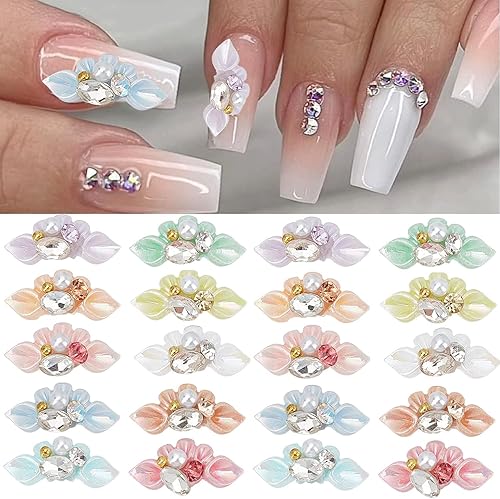 20 dijes de uñas 3D con diseño de flores pétalos de perla gemas de uñas y diamantes de imitación hechos a mano por acrílico accesorios de decoración
