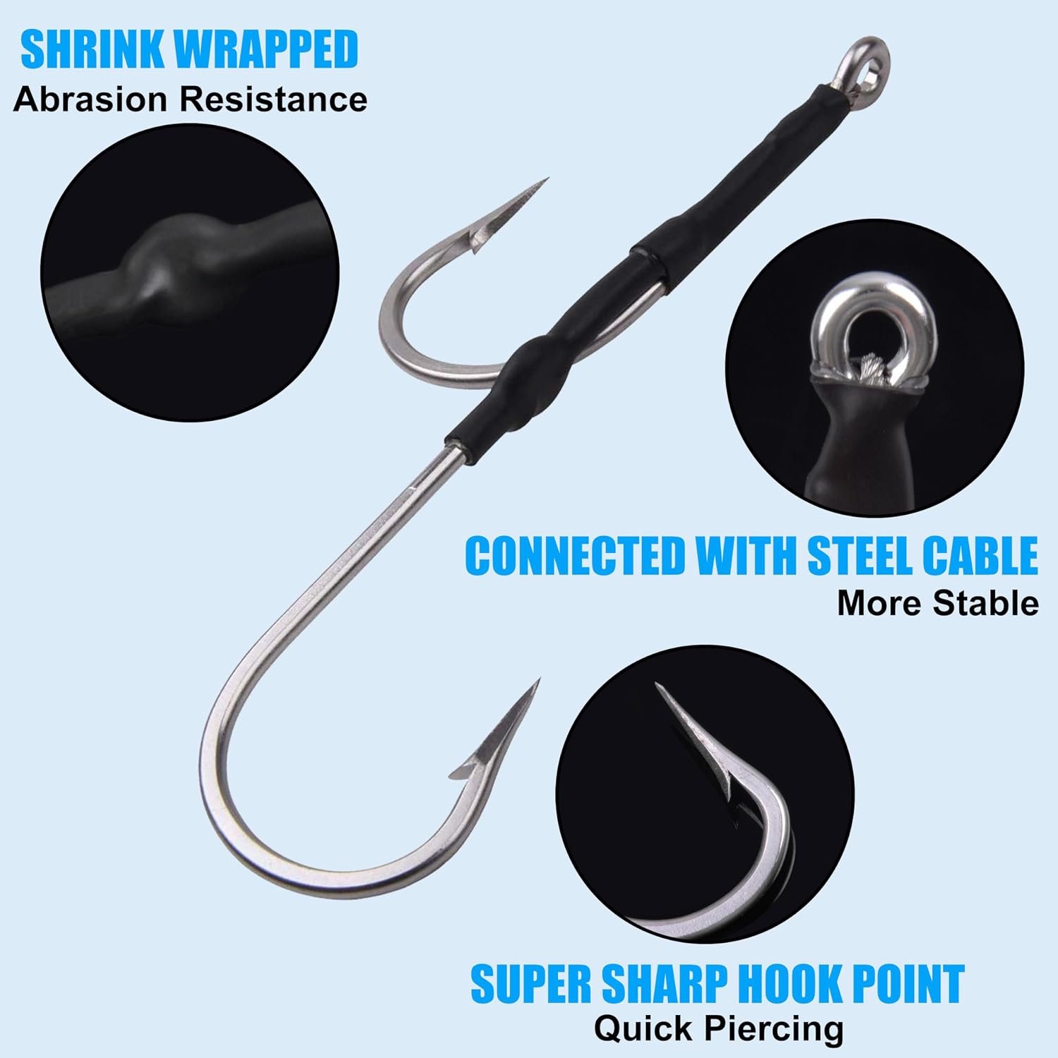 Double Hook Rigs for Trolling Chunking, 3pcs Double Trolling Hooks Saltwater Big Game Stainless Steel Fishing Hooks for Marlin Shark Tuna Wahoo Dorado Fishing
