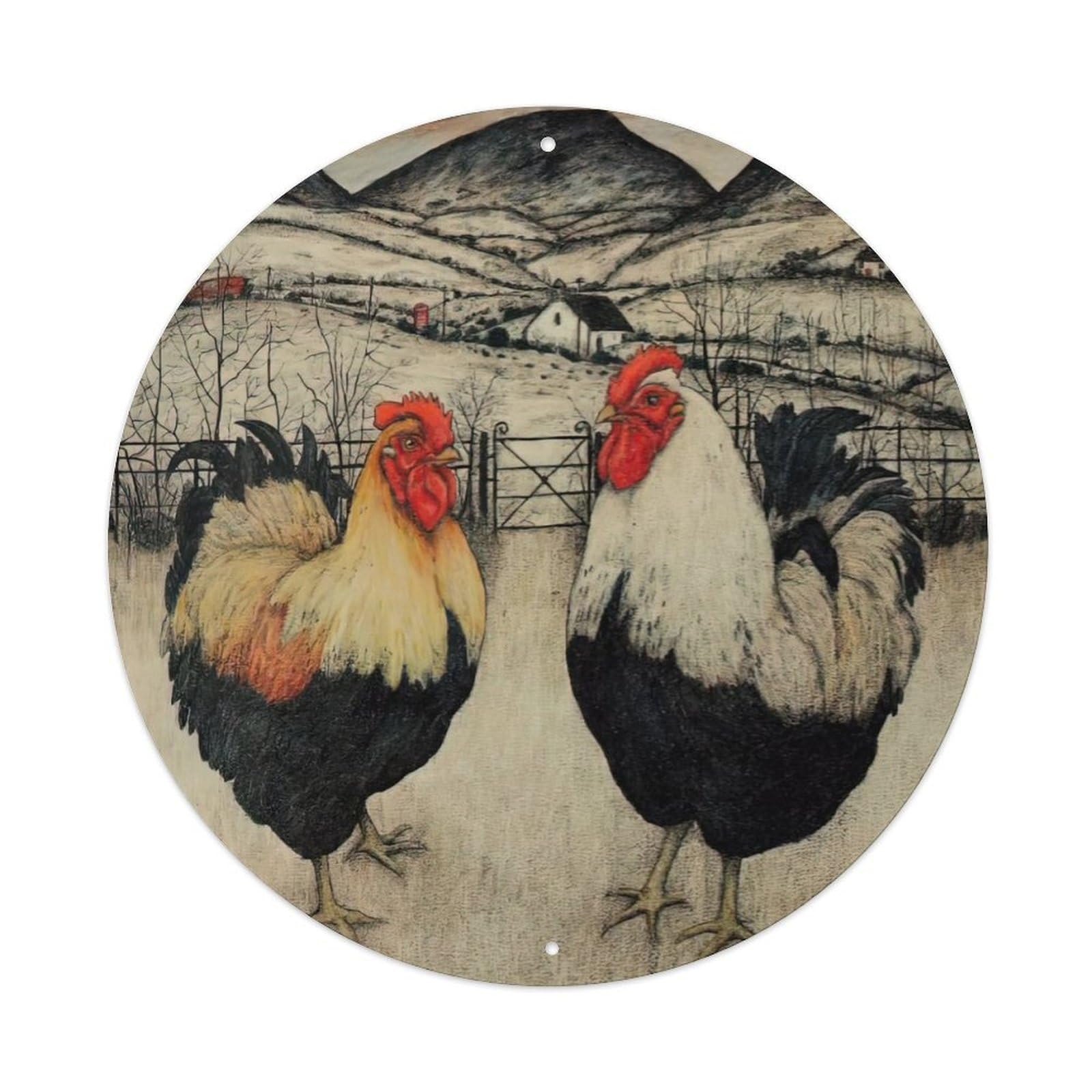 Animal Artwork Two Chickens Vintage Metal Tin Sign Plaque Wall Decor for Cafe, Club Bar, Office, Garden Metal Poster 8x8Inch