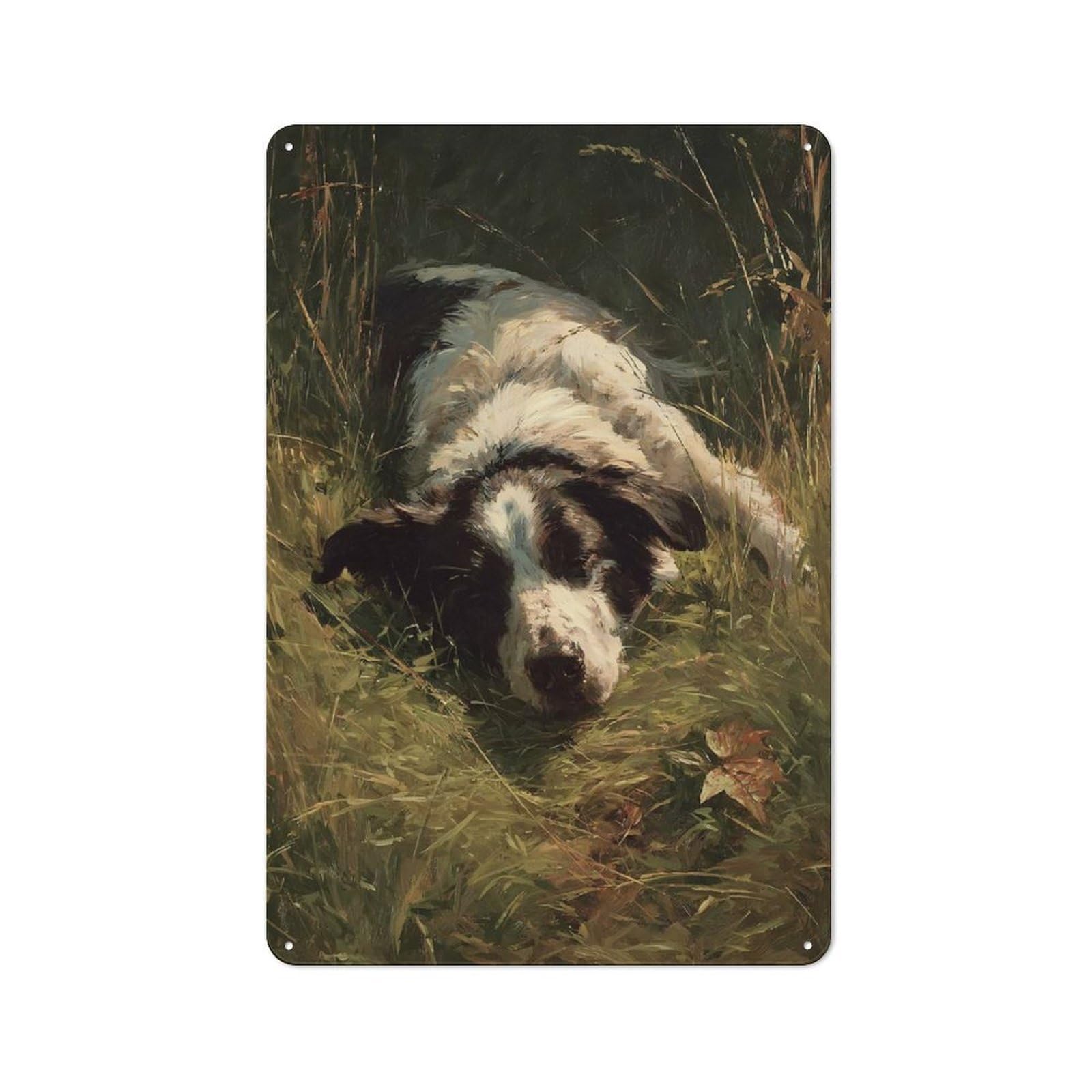 Junmoney Style-11 Dog Resting In Tall Grass Tin Sign 30X20cm For Workshop Wall, Vintage Wall Decor, For Metal Sign Collectors, For Garage And Workshop Walls