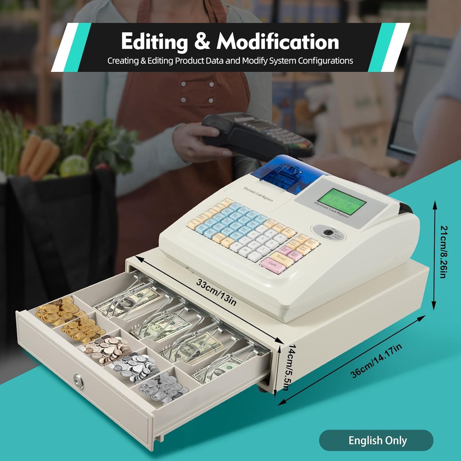Caja Registradora Electrónica De 48 Teclas para Pequeños Negocios, Sistema Tpv con Pantalla Led, Caja Registradora Multifuncional para Cafeterías, Panaderías, Librerías, Fácil De Usar.