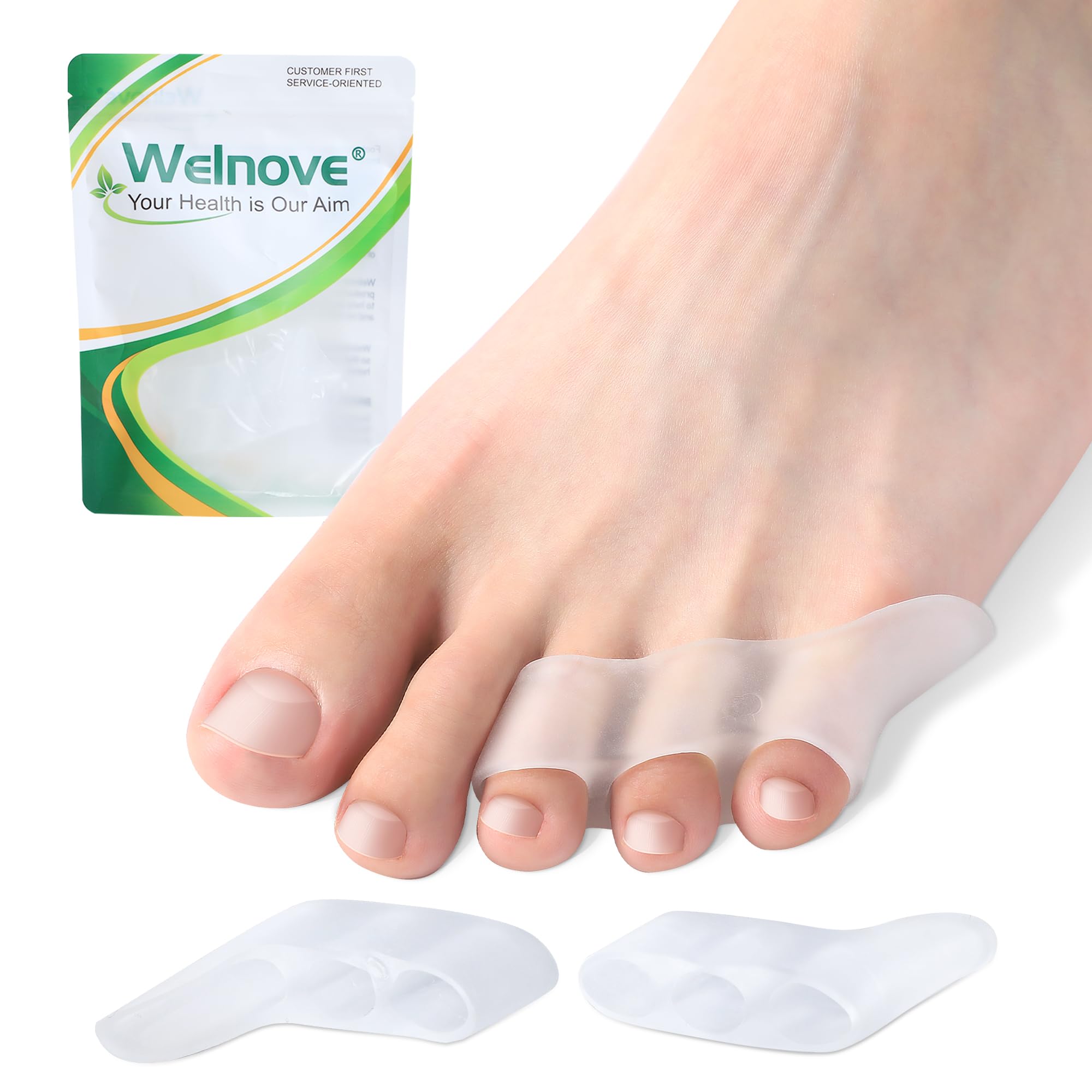 Welnove Separadores de dedos meñiques de gel, paquete de 8 espaciadores de dedo meñique, almohadillas para juanetes para mujeres y hombres, protectores de silicona para evitar el roce y aliviar la