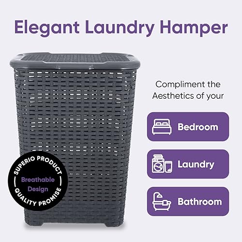 Miniatura 4 de Cesta de lavandería con tapa de 60 litros, estilo mimbre, color gris, 1.70 bushel con asas recortadas para almacenar paños sucios en el baño, baño o