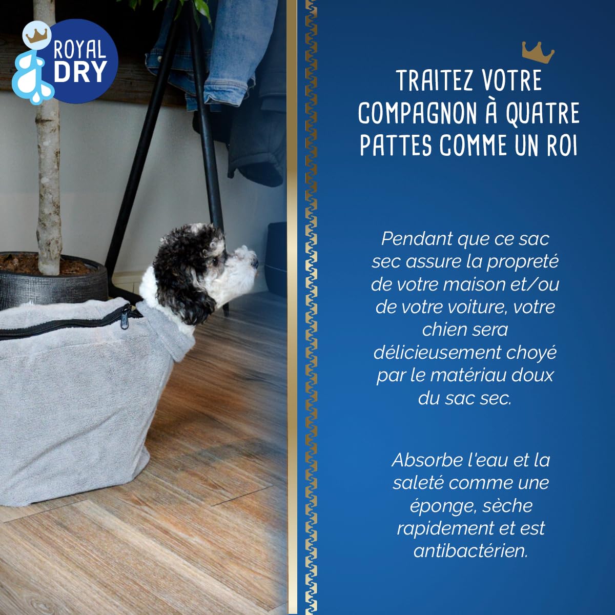 Doggybag – Sac de séchage pour Chien en Microfibre – Taille XS – Longueur de Dos 30 cm – Serviette pour Chien – Ultra Absorbant et à séchage Rapide avec Fermeture Velcro – Gris