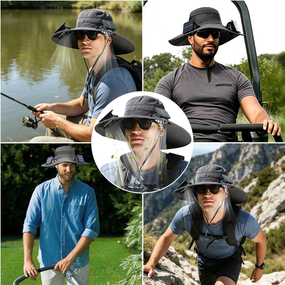 Chapeau de Soleil, Chapeau de Pêche avec 2 Ventilateur Solaire, Chapeau de Fan Solaire à Bord Large, Générique Chapeau de Fan Solaire pour Activités de Plein Air comme la Randonnée Jardinage