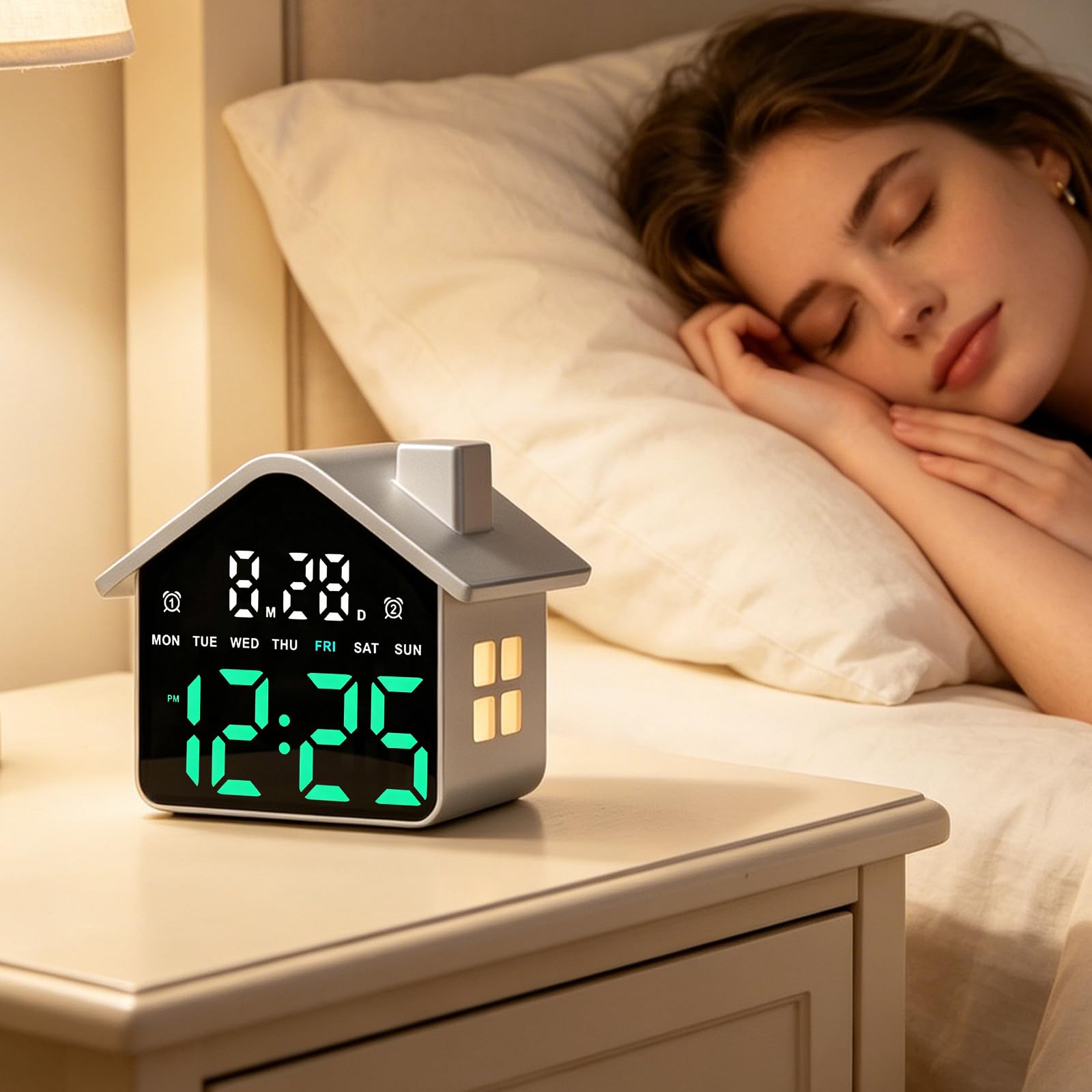 Reloj despertador digital LED con forma de casa con ajuste de brillo y fecha, para decoración de escritorio en casa, oficina