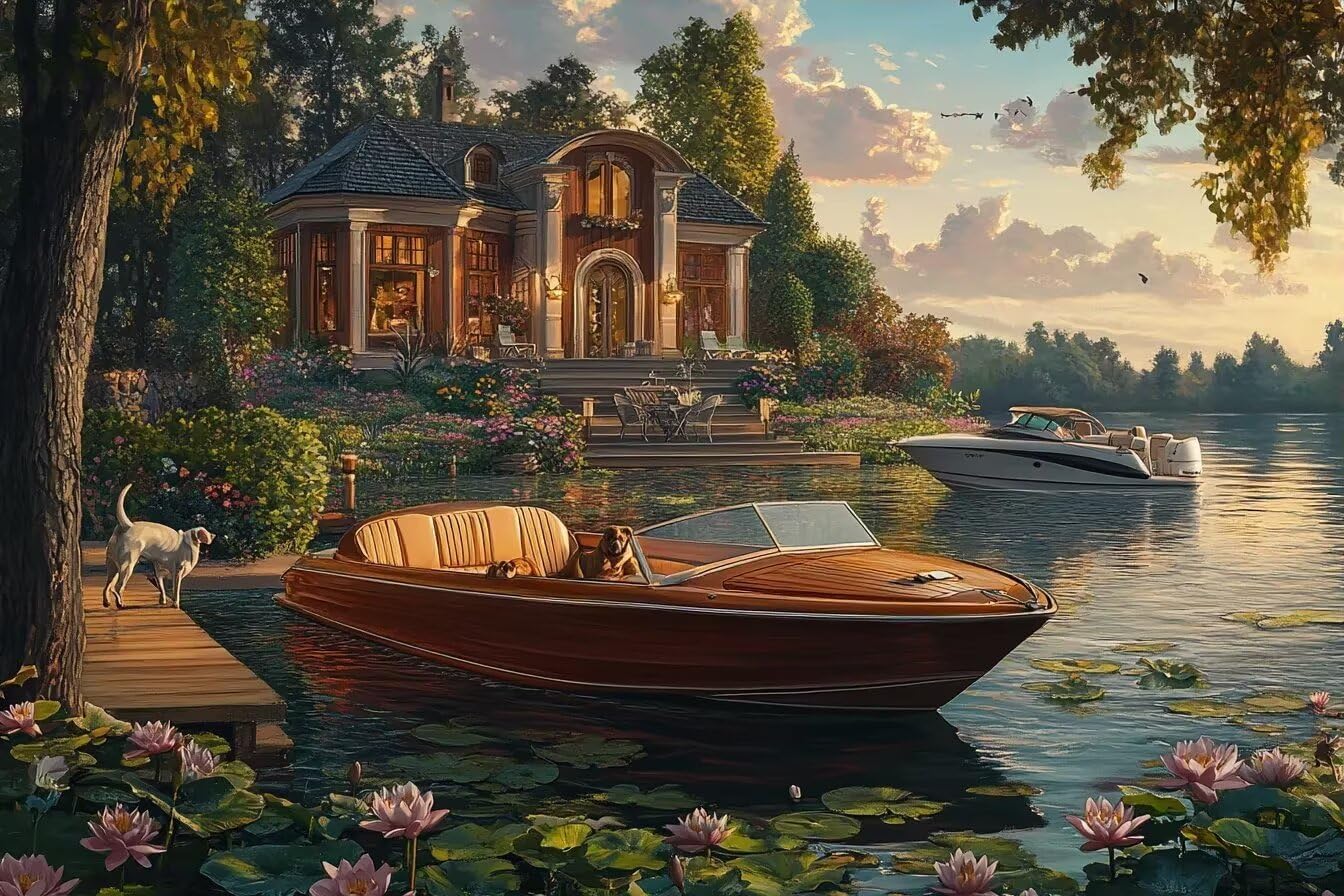 Lake House Jigsaw Puzzle 500 Pieces, Adult Boat Lake Jigsaw Puzzle, Composed to Be A Beautiful Room Decoration