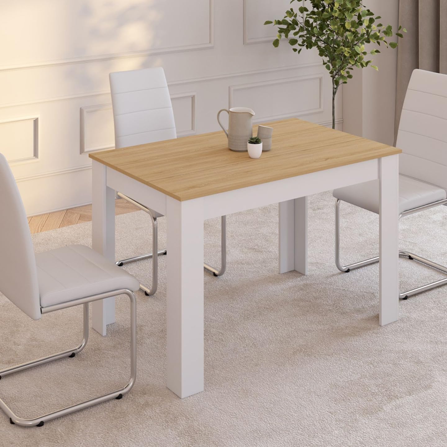 IDMarket - Table à Manger Rectangle ROZY 4 Personnes Blanc Plateau façon hêtre 110 cm