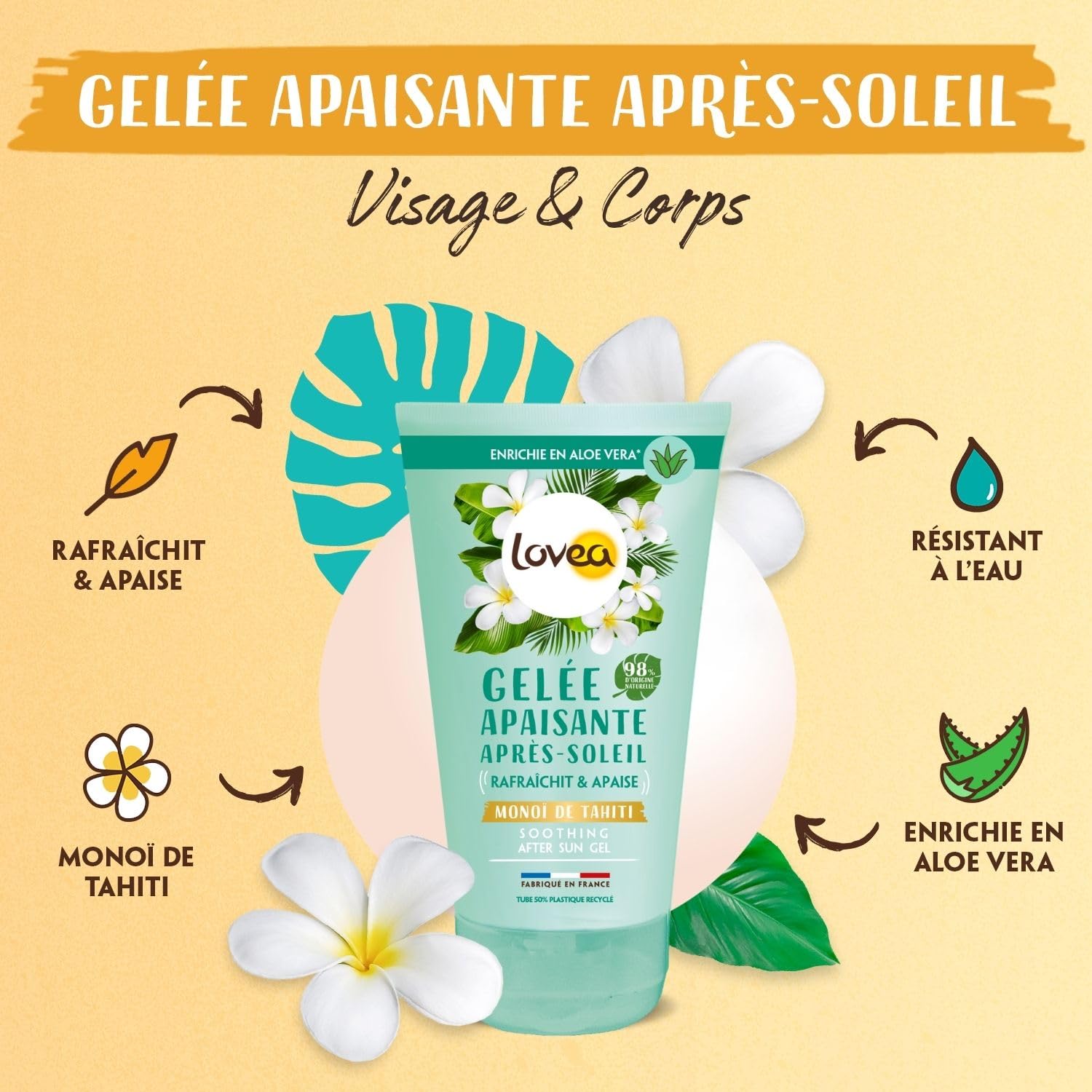 LOVEA - Après-Soleil Gelée Rafraîchissante Monoï de Tahiti & Aloe Vera - Visage & Corps - 97% Origine Naturelle - Hydrate 24h & Apaise - Testé sous Contrôle Dermatologique - Fabriqué en France - 150ml