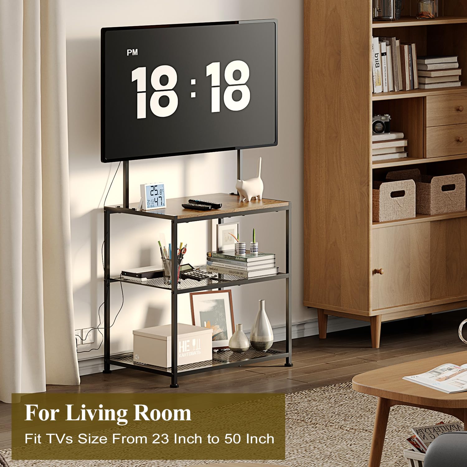 23 Inch to 50 Inch Floor Small Corner TV Stand with Storage Shelves for Living Room Bedroom, Universal Floor Television Stands with Mount, Brown TV Table Desk Shelf for Small Spaces,Patent Pending