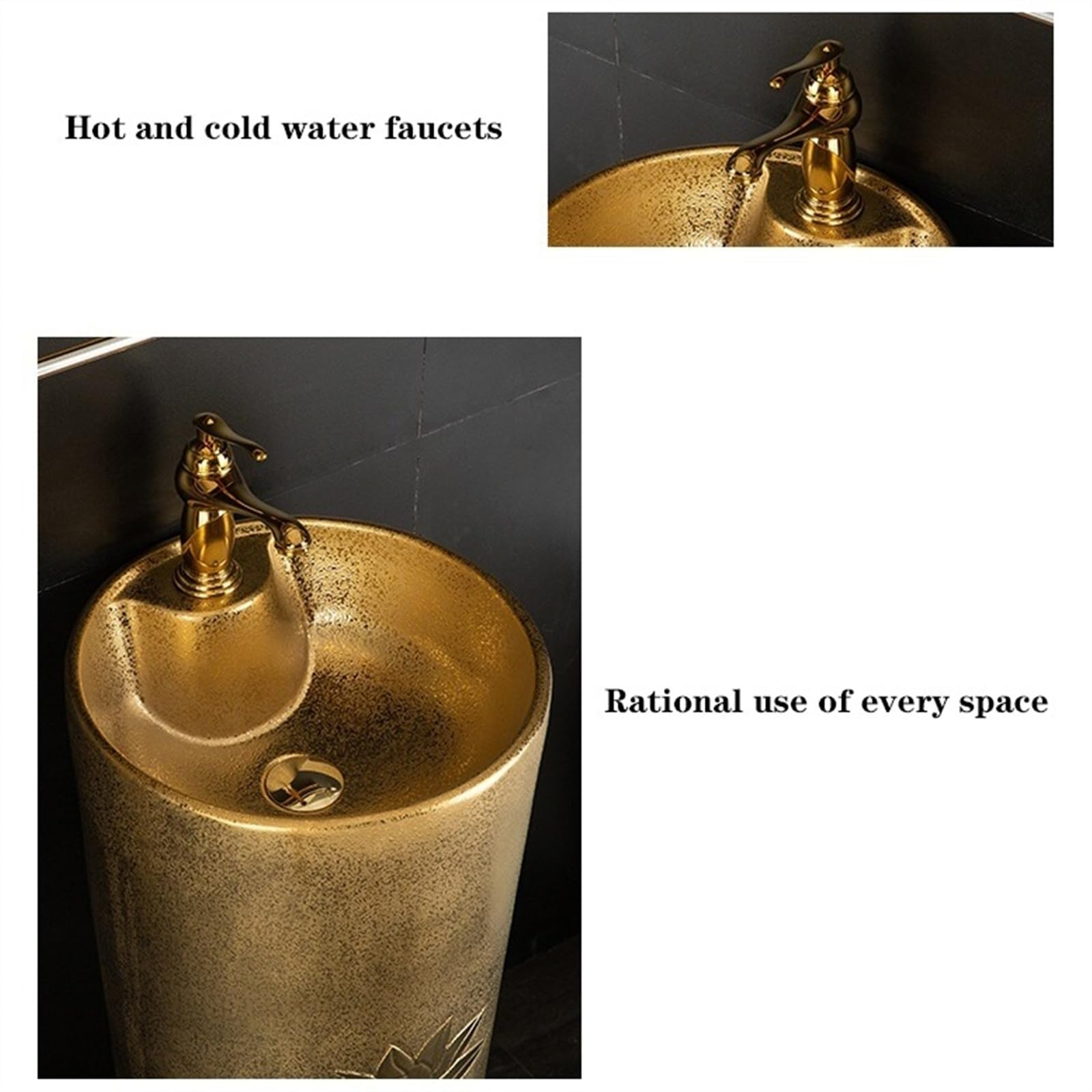 Fregadero dorado con relieve de loto, lavabo de pie galvanizado dorado, fregadero de cerámica de una pieza, talla A, B-One Size