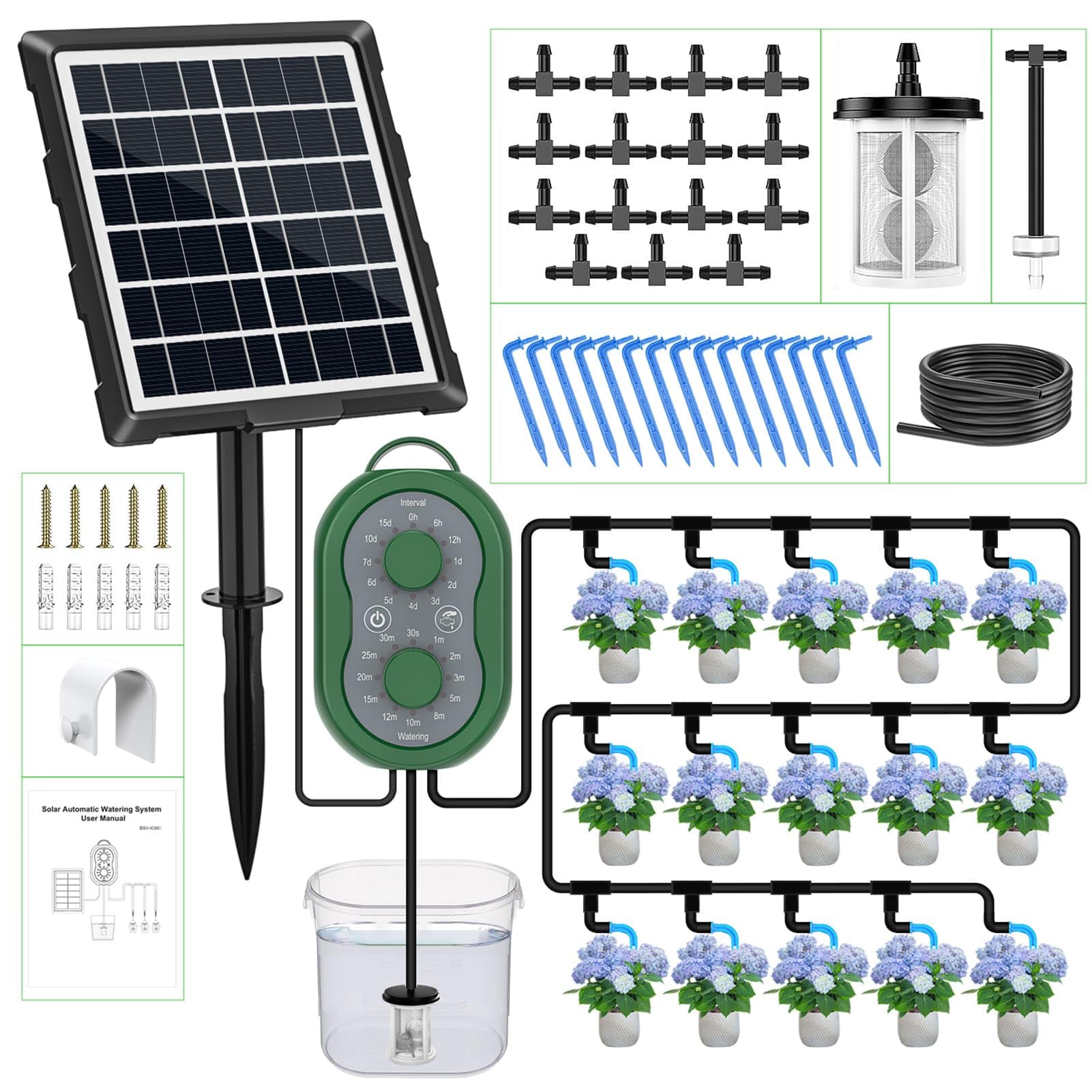 Automatisches Solar-Tropfbewässerungssystem, 15 m, solarbetriebenes automatisches Pflanzenbewässerungs-Set, unterstützt 15 Töpfe, Innen- und Außenbewässerungsset für Garten, Balkon und Terrasse