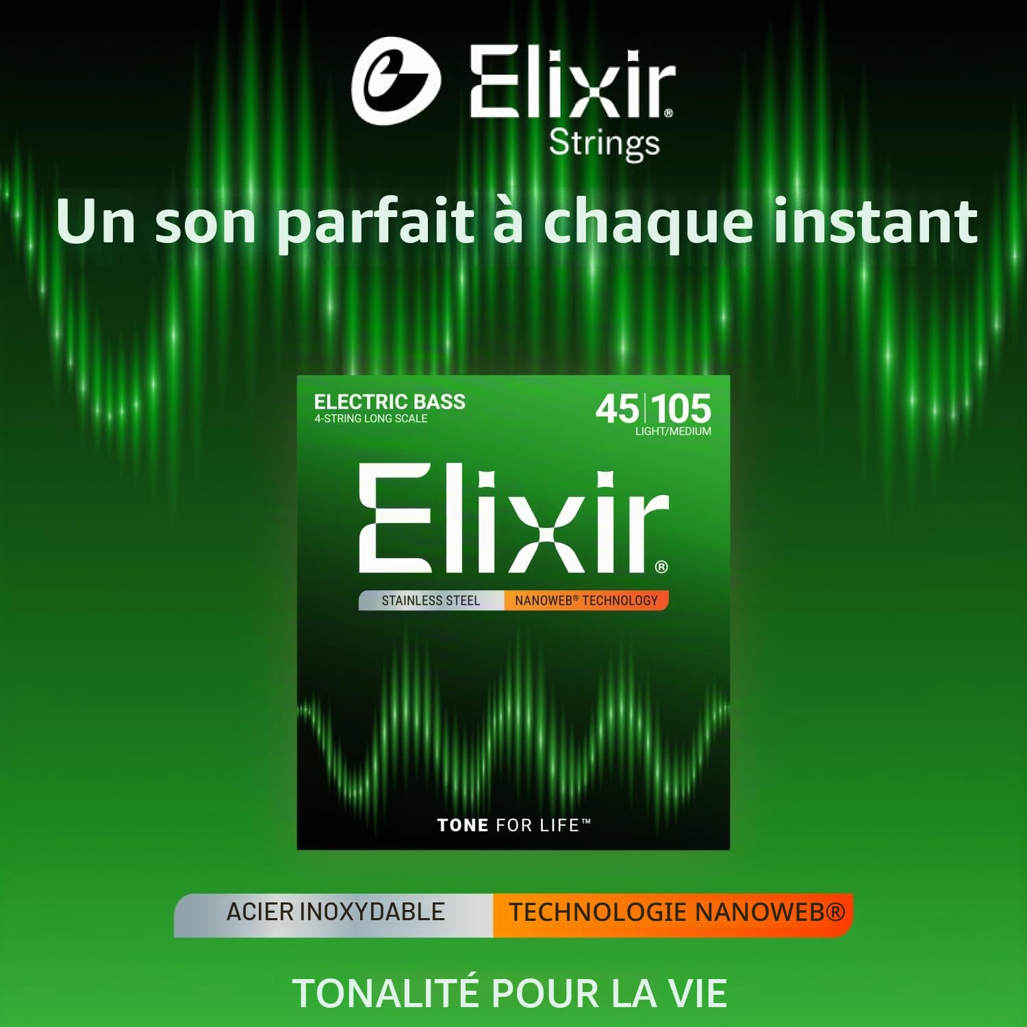 Cordes Elixir® en Stainless Steel avec revêtement NANOWEB® pour basse 4 cordes, Long Scale, Light/Medium (.045-.105)
